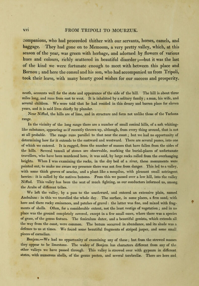companions, who had proceeded thither with our servants, horses, camels, and baggage. They had gone on to Memoom, a very pretty valley, which, at this season of the year, was green with herbage, and adorned by flowers of various hues and colours, richly scattered in beautiful disorder;—but it was the last of the kind we were fortunate enough to meet with between this place and Bornou ; and here the consul and his son, who had accompanied us from Tripoli, took their leave, with many hearty good wishes for our success and prosperity. neath, accounts well for the state and appearance of the side of the hill. The hill is about three miles long, and runs from east to west. It is inhabited by a solitary family; a man, his wife, and several children. We were told that he had resided in this dreary and barren place for eleven years, and it is said lives chiefly by plunder. Near Niffud, the hills are of lime, and in structure and form not unlike those of the Tarhona range. In the vicinity of the long range there are a number of small conical hills, of a soft whiting- like substance, appearing as if recently thrown up, although, from every thing around, that is not at all probable. The range runs parallel to that near the coast ■ but we had no opportunity of determining how far it extends to the eastward and westward. There are several passes, into one of which we entered. It is rugged, from the number of masses that have fallen from the sides of the hills. Several tumuli of stones are observable, marking the burial-places of unfortunate travellers, who have been murdered here, it was said, by large rocks rolled from the overhanging heights. When I was examining the rocks, in the dry bed of a river, these monuments were pointed out, to make me aware my presence there was not free from danger. This led to a valley, with some thick groves of acacias, and a plant like a mespilus, with pleasant small astringent berries: it is called by the natives butomo. From this we passed over a low hill, into the valley Niffud. This valley has been the seat of much fighting, as our conductors informed us, among the Arabs of different tribes. We left the valley, by a pass to the southward, and entered an extensive plain, named Ambulum: in this we travelled the whole day. The surface, in some places, a firm sand, with here and there rocky eminences, and patches of gravel: the latter was fine, and mixed with frag- ments of shells. Often, for a considerable extent, not the least vestige of vegetation ; and in no place was the ground completely covered, except in a few small oases, where there was a species of grass, of the genus festuca. The feniculum duter, and a beautiful genista, which extends all the way from the coast, were common. The butum occurred in abundance, and its shade was a defence to us at times. We found some beautiful fragments of striped jasper, and some small pieces of cornelian. Bonjem.—We had no opportunity of examining any of these; but from the strewed masses they appear to be limestone. The wadey of Bonjem has characters different from any of the other valleys we have passed through. This valley is strewed over with gypsum in different states, with numerous shells, of the genus pecten, and several terebrellae. There are here and