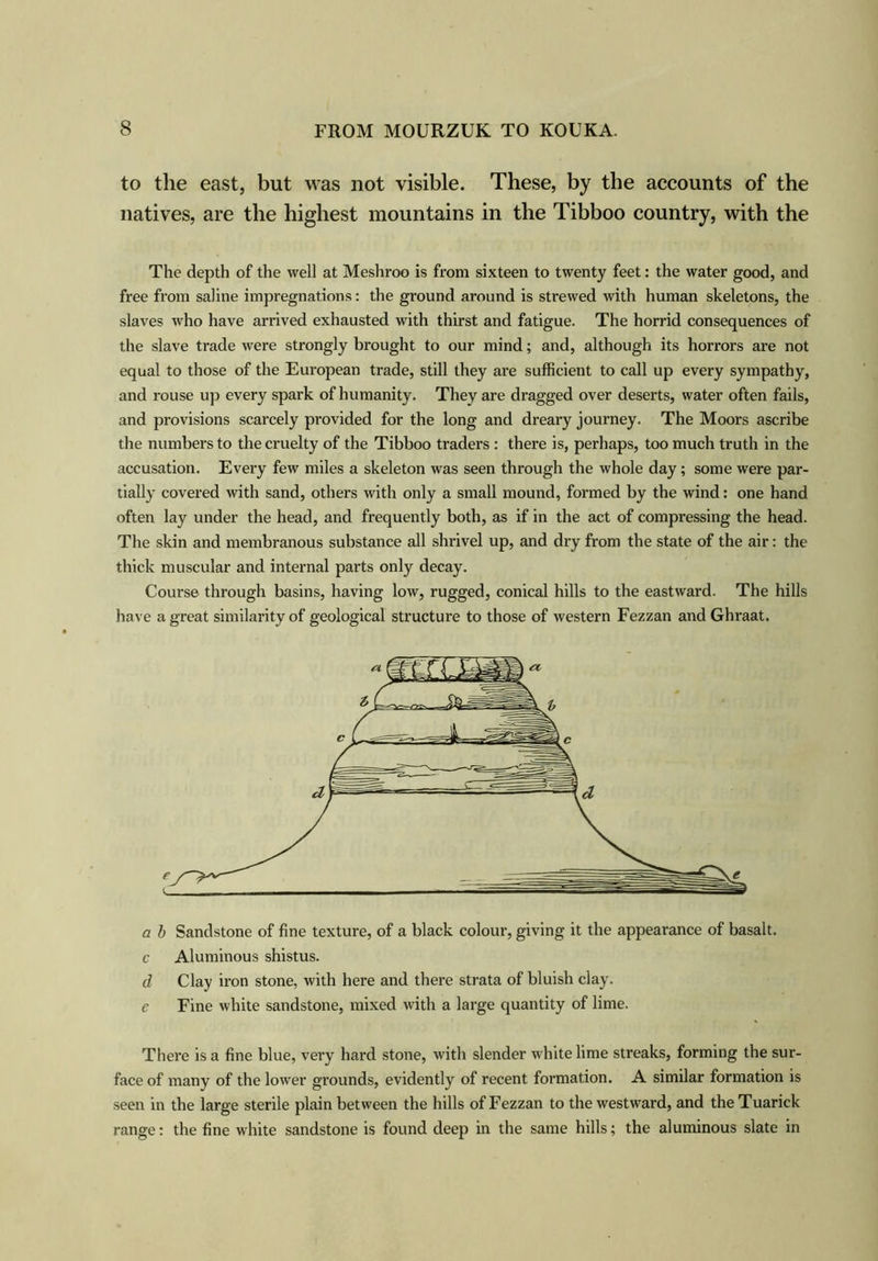 to the east, but was not visible. These, by the accounts of the natives, are the highest mountains in the Tibboo country, with the The depth of the well at Meshroo is from sixteen to twenty feet: the water good, and free from saline impregnations: the ground around is strewed with human skeletons, the slaves who have arrived exhausted with thirst and fatigue. The horrid consequences of the slave trade were strongly brought to our mind; and, although its horrors are not equal to those of the European trade, still they are sufficient to call up every sympathy, and rouse up every spark of humanity. They are dragged over deserts, water often fails, and provisions scarcely provided for the long and dreary journey. The Moors ascribe the numbers to the cruelty of the Tibboo traders : there is, perhaps, too much truth in the accusation. Every few miles a skeleton was seen through the whole day; some were par- tially covered with sand, others with only a small mound, formed by the wind: one hand often lay under the head, and frequently both, as if in the act of compressing the head. The skin and membranous substance all shrivel up, and dry from the state of the air: the thick muscular and internal parts only decay. Course through basins, having low, rugged, conical hills to the eastward. The hills have a great similarity of geological structure to those of western Fezzan and Ghraat. a b Sandstone of fine texture, of a black colour, giving it the appearance of basalt. c Aluminous shistus. d Clay iron stone, with here and there strata of bluish clay. e Fine white sandstone, mixed with a large quantity of lime. There is a fine blue, very hard stone, with slender white lime streaks, forming the sur- face of many of the lower grounds, evidently of recent formation. A similar formation is seen in the large sterile plain between the hills of Fezzan to the westward, and theTuarick range: the fine white sandstone is found deep in the same hills; the aluminous slate in