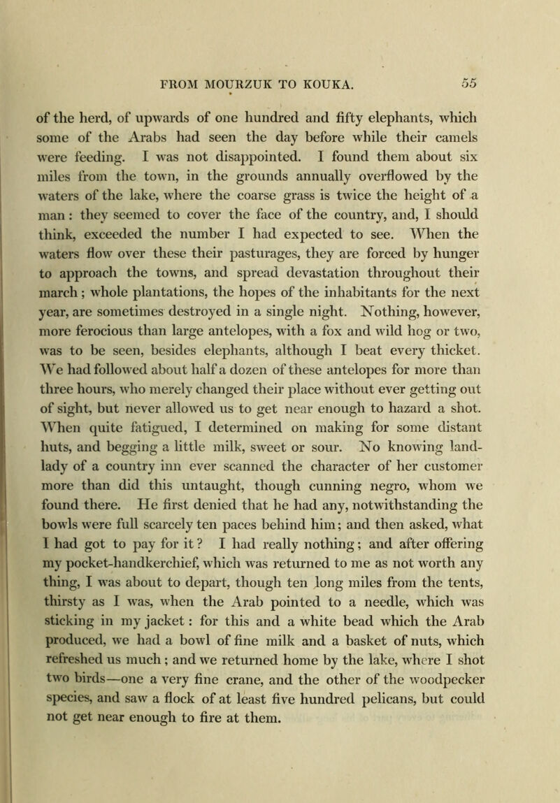 of the herd, of upwards of one hundred and fifty elephants, which some of the Arabs had seen the day before while their camels were feeding. I was not disappointed. I found them about six miles from the town, in the grounds annually overflowed by the waters of the lake, where the coarse grass is twice the height of a man: they seemed to cover the face of the country, and, I should think, exceeded the number I had expected to see. When the waters flow over these their pasturages, they are forced by hunger to approach the towns, and spread devastation throughout their march; whole plantations, the hopes of the inhabitants for the next year, are sometimes destroyed in a single night. Nothing, however, more ferocious than large antelopes, with a fox and wild hog or two, was to be seen, besides elephants, although I beat every thicket. We had followed about half a dozen of these antelopes for more than three hours, who merely changed their place without ever getting out of sight, but never allowed us to get near enough to hazard a shot. When quite fatigued, I determined on making for some distant huts, and begging a little milk, sweet or sour. No knowing land- lady of a country inn ever scanned the character of her customer more than did this untaught, though cunning negro, whom we found there. He first denied that he had any, notwithstanding the bowls were full scarcely ten paces behind him; and then asked, what I had got to pay for it ? I had really nothing; and after offering my pocket-handkerchief, which was returned to me as not worth any thing, I was about to depart, though ten long miles from the tents, thirsty as I was, when the Arab pointed to a needle, which was sticking in my jacket: for this and a white bead which the Arab produced, we had a bowl of fine milk and a basket of nuts, which refreshed us much; and we returned home by the lake, where I shot two birds—one a very fine crane, and the other of the woodpecker species, and saw a flock of at least five hundred pelicans, but could not get near enough to fire at them.