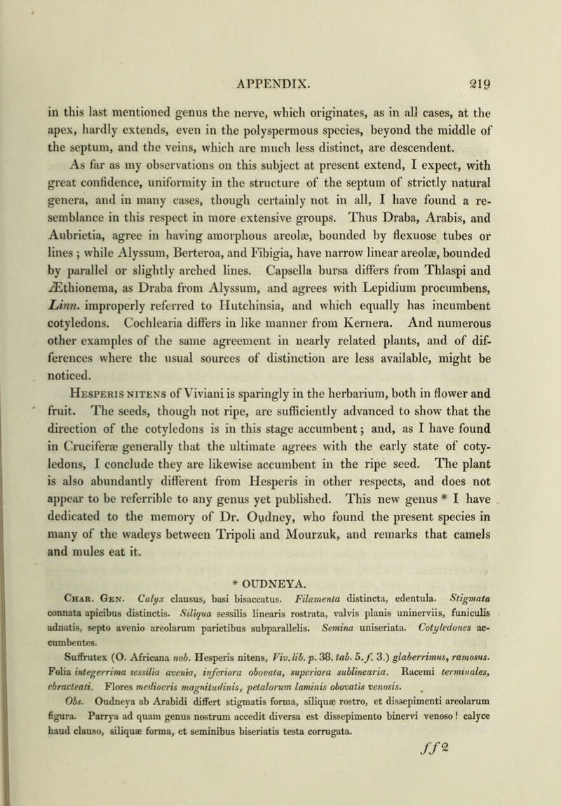in this last mentioned genus the nerve, which originates, as in all cases, at the apex, hardly extends, even in the polyspermous species, beyond the middle of the septum, and the veins, which are much less distinct, are descendent. As far as my observations on this subject at present extend, I expect, with great confidence, uniformity in the structure of the septum of strictly natural genera, and in many cases, though certainly not in all, I have found a re- semblance in this respect in more extensive groups. Thus Draba, Arabis, and Aubrietia, agree in having amorphous areolae, bounded by flexuose tubes or lines ; wrhile Alyssum, Berteroa, and Fibigia, have narrow linear areolae, bounded by parallel or slightly arched lines. Capsella bursa differs from Thlaspi and ^Ethionema, as Draba from Alyssum, and agrees with Lepidium procumbens, Linn, improperly referred to Hutchinsia, and which equally has incumbent cotyledons. Cochlearia differs in like manner from Kernera. And numerous other examples of the same agreement in nearly related plants, and of dif- ferences where the usual sources of distinction are less available, might be noticed. Hesperis nitens of Viviani is sparingly in the herbarium, both in flower and fruit. The seeds, though not ripe, are sufficiently advanced to show that the direction of the cotyledons is in this stage accumbent; and, as I have found in Cruciferae generally that the ultimate agrees with the early state of coty- ledons, I conclude they are likewise accumbent in the ripe seed. The plant is also abundantly different from Hesperis in other respects, and does not appear to be referrible to any genus yet published. This new genus * I have dedicated to the memory of Dr. Oudney, who found the present species in many of the wadeys between Tripoli and Mourzuk, and remarks that camels and mules eat it. * OUDNEYA. Char. Gen. Calyx clausus, basi bisaccatus. Filamenta distincta, edentula. Stigmata connata apicibus distinctis. Siliqua sessilis linearis rostrata, valvis planis uninerviis, funiculis adnatis, septo avenio areolarum parietibus subparallelis. Semina uniseriata. Cotyledones ac- cumbentes. Suffrutex (O. Africana nob. Hesperis nitens, Viv.lib.p. 38. tab. 5.f. 3.) glaberrimus, ramosus. Folia integerrima sessilia avenia, inferior a obovata, superiora sublinearia. Racemi terminates, ebracteati. Flores mediocris magnitudinis, petalorum laminis obovatis venosis. t Obs. Oudneya ab Arabidi differt stigmatis forma, siliquae rostro, et dissepimenti areolarum figura. Parrya ad quam genus nostrum accedit diversa est dissepimento binervi venoso! calyce haud clauso, siliquae forma, et seminibus biseriatis testa corrugata. //*