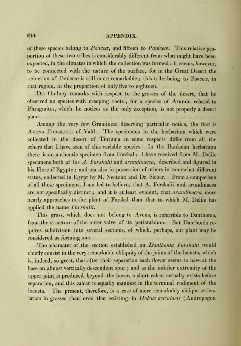 of these species belong to Poacea’, and fifteen to Panicece. This relative pro- portion of these two tribes is considerably different from what might have been expected, in the climates in which the collection was formed : it seems, however, to be connected with the nature of the surface, for in the Great Desert the reduction of Paniceae is still more remarkable; this tribe being to Poaceas, in that region, in the proportion of only five to eighteen. Dr. Oudney remarks with respect to the grasses of the desert, that he observed no species with creeping roots ; for a species of Arundo related to Phragmites, which he notices as the only exception, is not properly a desert plant. Among the very few Gramineae deserving particular notice, the first is Avena Forskalii of Vahl. The specimens in the herbarium which were collected in the desert of Tintuma in some respects differ from all the others that I have seen of this variable species. In the Banksian herbarium there is an authentic specimen from Forskal ; I have received from M. Delile specimens both of his A. Forskalii and arundinacea, described and figured in his Flore d’Egypte ; and am also in possession of others in somewhat different states, collected in Egypt by M. Nectoux and Dr. Sieber. From a comparison of all these specimens, I am led to believe, that A. Forskalii and arundinacea are not specifically distinct; and it is at least evident, that arundinacea more nearly approaches to the plant of Forskal than that to which M. Delile has applied the name Forskalii. This grass, which does not belong to Avena, is referrible to Danthonia, from the structure of the outer valve of its perianthium. But Danthonia re- quires subdivision into several sections, of which, perhaps, our plant may be considered as forming one. The character of the section established on Danthonia Forskalii would chiefly consist in the very remarkable obliquity of the joints of the locusta, which is, indeed, so great, that after their separation each flower seems to have at the base an almost vertically descendent spur ; and as the inferior extremity of the upper joint is produced beyond the lower, a short calcar actually exists before separation, and this calcar is equally manifest in the terminal rudiment of the locusta. The present, therefore, is a case of more remarkably oblique articu- lation in grasses than even that existing in Holcus acicitlaris (Andropogon