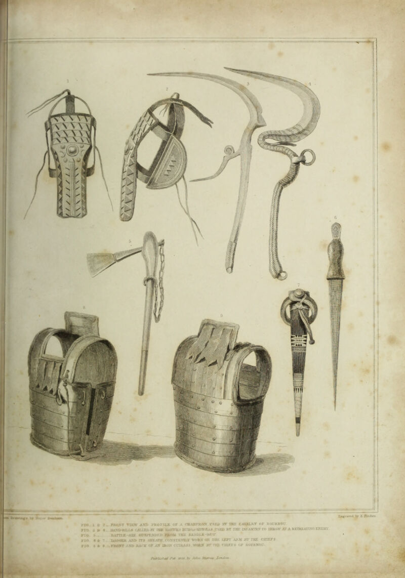 FIG It- 2 .. FRONT VIEW ANT) FKOFLLE OF A OBANFKON CSEI) BY THE CAVALRY OF BOL’KJTOU FIG. i fc 1. HAND-BILLS CAJJXI) BY THE NATIVES HIUOA-MnNOAS. PSEI) BY THE INFANTRY TO THROW AT A RETREATING ENEMY FIG. 5 - BATTLE-AIE SUSPENDED FROM THE SADDIJ -BOW FIG « Ir 1 DAGGER AND ITS SHEATH. CONS TANTLY WORN OH THE. LEFT AKW BY THE CHIEFS FIG 8 t- 9 FRONT- ND BACH OF AN IKON CCTKASS. WORN BY THE CHIEFS OF BOPRNOU Publuhtd feb tat*, by John Jtumw London
