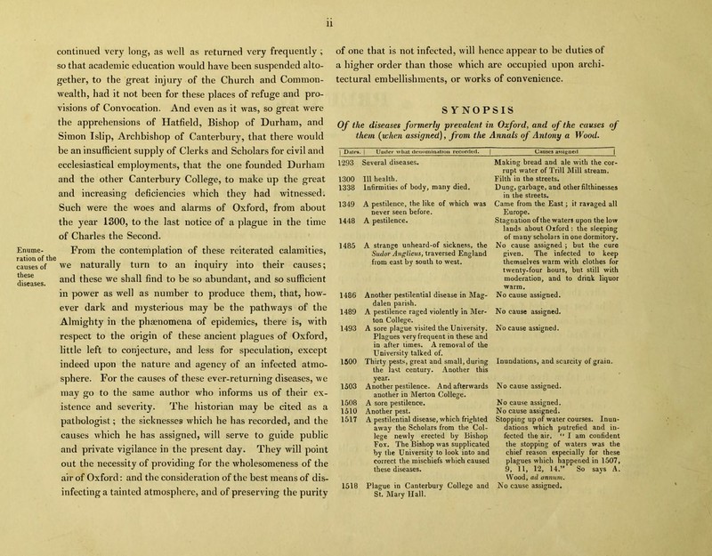 continued very long, as well as returned very frequently ; so that academic education would have been suspended alto- gether, to the great injury of the Church and Common- wealth, had it not been for these places of refuge and pro- visions of Convocation. And even as it was, so great were the apprehensions of Hatfield, Bishop of Durham, and Simon Islip, Archbishop of Canterbury, that there would be an insufficient supply of Clerks and Scholars for civil and ecclesiastical employments, that the one founded Durham and the other Canterbury College, to make up the great and increasing deficiencies which they had witnessed. Such were the woes and alarms of Oxford, from about the year 1300, to the last notice of a plague in the time of Charles the Second. Enume- From the contemplation of these reiterated calamities, ration of the .. ..... causes of we naturally turn to an inquiry into their causes; diseases and ^ese we shall find to be so abundant, and so sufficient in power as well as number to produce them, that, how- ever dark and mysterious may be the pathways of the Almighty in the phaenomena of epidemics, there is, with respect to the origin of these ancient plagues of Oxford, little left to conjecture, and less for speculation, except indeed upon the nature and agency of an infected atmo- sphere. For the causes of these ever-returning diseases, we may go to the same author who informs us of their ex- istence and severity. The historian may be cited as a pathologist; the sicknesses which he has recorded, and the causes which he has assigned, will serve to guide public and private vigilance in the present day. They will point out the necessity of providing for the wholesomeness of the air of Oxford: and the consideration of the best means of dis- infecting a tainted atmosphere, and of preserving the purity of one that is not infected, will hence appear to be duties of a higher order than those which are occupied upon archi- tectural embellishments, or works of convenience. SYNOPSIS Of the diseases formerly prevalent in Oxford, and of the causes of them (when assigned), from the Annals of Antony a Wood. | D ue*. | Under what denomination recorded. 1293 Several diseases. 1300 111 health. 1338 Infirmities of body, many died. 1349 A pestilence, the like of which was never seen before. 1448 A pestilence. 1485 A strange unheard-of sickness, the Sudor Anglicus, traversed England from east by south to west. 1486 Another pestilential disease in Mag- dalen parish. 1489 A pestilence raged violently in Mer- ton College. 1493 A sore plague visited the University. Plagues very frequent in these and in after limes. A removal of the University talked of. 1500 Thirty pests, great and small, during the last century. Another this year. 1503 Another pestilence. And afterwards another in Merton College. 1508 A sore pestilence. 1510 Another pest. 1517 A pestilential disease, which frighted away the Scholars from the Col- lege newly erected by Bishop Fox. The Bishop was supplicated by the University to look into and correct the mischiefs which caused these diseases. 1518 Plague in Canterbury College and St. Mary Hall. Causes assigned | Making bread and ale with the cor- rupt water of Trill Mill stream. Filth in the streets. Dung, garbage, and other filthinesses in the streets. Came from the East; it ravaged all Europe. Stagnation of the waters upon the low lands about Oxford : the sleeping of many scholars in one dormitory. No cause assigned ; but the cure given. The infected to keep themselves warm with clothes for twenty-four hours, but still with moderation, and to drink liquor warm. No cause assigned. No cause assigned. No cause assigned. Inundations, and scarcity of grain. No cause assigned. No cause assigned. No cause assigned. Stopping up of water courses. Inun- dations which putrefied and in- fected the air. “ I am confident the stopping of waters was the chief reason especially for these plagues which happened in 1507, 9, 11, 12, 14.” So says A. Wood, ad annum. No cause assigned.