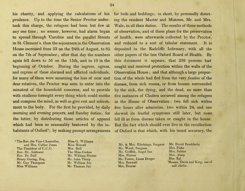 his charity, and applying the calculations of his prudence. Up to the time the Senior Proctor under- took this charge, the refugees had been but few at any one time; no sooner, however, had alarm began to spread through Caroline and the parallel Streets in St. Clement’s, than the sojourners in the Observation House increased from 23 on the 24th of August, to 85 on the 7th of September; after that day the numbers again fell down to 56 on the 15th, and to 10 in the beginning of October. During the ingress, egress, and regress of these alarmed and afflicted individuals, for many of them were mourning the loss of near and dear relatives, the Proctor was seen to enter into the minutest of the household concerns, and to provide with studious foresight every thing which could soothe and compose the mind, as well as give rest and refresh- ment to the body. For the first he provided, by daily morning and evening prayers, and Sunday duties; for the latter, by distributing those articles of apparel which had been so seasonably bestowed by the in- habitants of Oxford1'; by making prompt arrangements for beds and beddings; in short, by personally direct- ing the resident Master and Mistress, Mr. and Mrs. Wale, in all their duties. The results of these methods of observation, and of these plans for the preservation of health, were afterwards collected by the Proctor, and reduced to a sort of tabular statement. It is deposited in the Radcliffe Infirmary, with all the other papers of the late Oxford Board of Health. By this document it appears, that 209 persons had sought and received protection within the walls of the Observation House ; and that although a large propor- tion of the whole had fled from the very fomites of the disease, from sick rooms, or from houses surrounded by the sick, the dying, and the dead, no more than five instances of Cholera occurred among the refugees in the House of Observation ; two fell sick within five hours after admission, two within 24, and one shewed its fearful symptoms still later, but none fell ill as from disease taken or caught in the house. But the fact which should ever live in the recollection of Oxford is that which, with his usual accuracy, the 0 The Rev. the Vice-Chancellor, and Mrs. Collier Jones The President of C.C.C. Rev. Dr. Ashhurst Rev. Dr. Bull Henry Goring, Esq. Mr. Guy Thompson Miss Williams Miss G. Williams Miss Morrell Mrs- Bull The Miss Cookes Mr. William Slatter Mr. John Thorp Mr. William Joy Mr. Thomas Joy Mr. & Mrs. Hitchings, Surgeon Mr. Wood, Surgeon Mr. Griffith, Angel Inn Mrs. Slatter Mr. Foster, Linen Draper Mrs. Benwell Mrs. Brazier Mr. David Brocklesby Mrs. Fiske Mrs. Jubber Mrs. Alsop Mrs. Eel Messrs. Davis and King, use of sail cloths