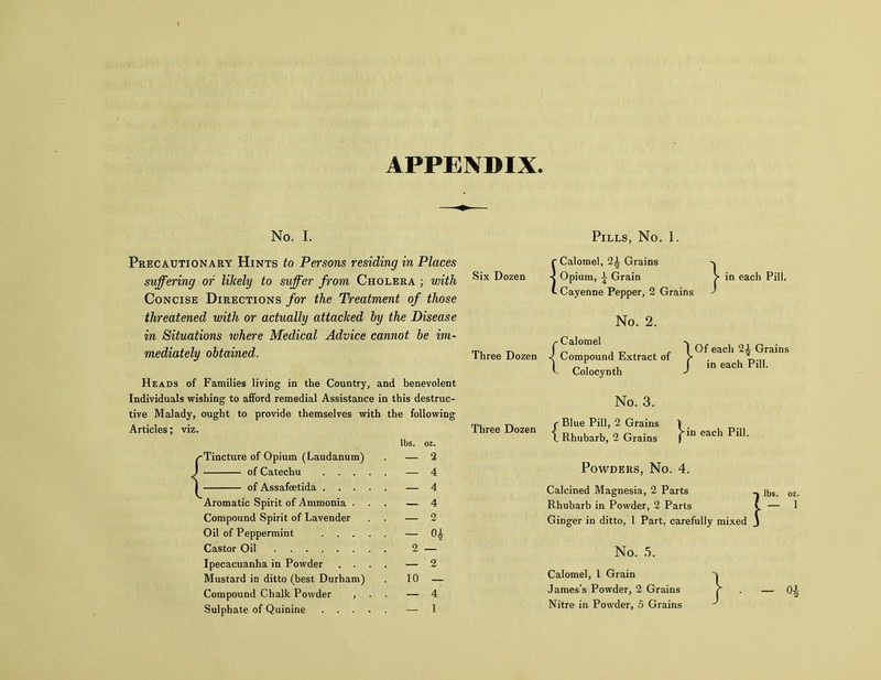 APPENDIX No. I. Pills, No. 1. Precautionary Hints to Persons residing in Places suffering or likely to suffer from Cholera ; with Concise Directions for the Treatment of those threatened with or actually attacked by the Disease in Situations where Medical Advice cannot be im- mediately obtained. Heads of Families living in the Country, and benevolent Individuals wishing to afford remedial Assistance in this destruc- tive Malady, ought to provide themselves with the following Articles; viz. lbs. oz. /-Tincture of Opium (Laudanum) . — 2 J of Catechu . . . ) of Assafoetida . . . Aromatic Spirit of Ammonia . Compound Spirit of Lavender Oil of Peppermint Castor Oil Ipecacuanha in Powder . . Mustard in ditto (best Durham) Compound Chalk Powder , Sulphate of Quinine . . . — 4 — 4 — 4 — 2 - 0| 2 — 10 — — 4 — 1 r Calomel, 24 Grains Six Dozen < Opium, 4 Grain > i L Cayenne Pepper, 2 Grains ' No. 2. in each Pill. /Calomel -\ _ . Three Dozen i Compound Extract of > ,GaC * I Colocvnth J m each P,11. ■Calomel Compour L Colocyr No. 3. m. t. r Blue Pill, 2 Grains 1 Three Dozen { Rhubarb> 3 Grai„s each Pill. Powders, No. 4. Calcined Magnesia, 2 Parts Rhubarb in Powder, 2 Parts Ginger in ditto, 1 Part, carefully mixed 1 lbs. oz. — 1 No. 5. Calomel, l Grain James’s Powder, 2 Grains } ■ -