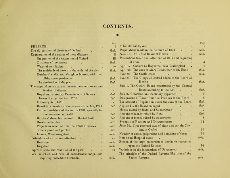 CONTENTS. Page PREFACE ..... i The old pestilential diseases of Oxford . . ibid. Enumeration of the causes of these diseases . ii Stagnation of the waters round Oxford . iii Dirtiness of the streets . . . ibid. Want of ventilation .... iv The multitude of hovels in the midst of the city . ibid. Butchers’ stalls and slaughter houses, with their filthy accompaniments . . . ibid. The destitution of the poor . . . ibid. The steps taken to abate or remove these nuisances and fomites of disease ... vi Royal and Statutory Commissions of Sewers ibid. Thames Navigation Act, 1756 . . ibid. Mile-way Act, 1576 .... vi Beneficial extension of the powers of the Act, 1771 ibid. Farther provisions of the Act in 1781, specially for the protection of health . . . ibid. Butchers’ shambles removed. Market built . ibid. Hovels pulled down .... ibid. Projections removed from the fronts of houses . ibid. Streets paved and pitched . . . ibid. Drains, Water-irrigation . . . ibid. Particulars which require attention . . . vii Drainage ..... ibid. Irrigation ..... ibid. Improved state and condition of the poor . . ix Local mischief, and evils of considerable magnitude requiring immediate attention, . . ibid. Page MEMORIALS, &c. .... 1 Preparations made in the Autumn of 1831 . . ibid. Nov. 15, 1831, first Board of Health . . ibid. Precautions taken the latter end of 1831 and beginning of 1832 3 April 17. Cholera at Hagborne, near Wallingford . 4 April 22. The case of Mary Leadbeater of St. Ebbe ibid. June 26. The Castle cases . . . ibid. June 29. The Clergy of Oxford added to the Board of Health .... ibid. July 1. The Oxford Board constituted by the Central Board according to the Act . ibid. July 2. Chairman and Secretary appointed . 5 Delegations of Power from the Parishes to the Board 6 The amount of Population under the care of the Board ibid. August 11, the Board enlarged . . . ibid. Money raised by Rate, and Subscription . . 7 Amount of money raised by Rate . . . ibid. Amount of money raised by Subscription . . 8 Synopsis of Receipts and Disbursements . . 11 June 24. First reported case of clear and certain Cho- lera in Oxford . . . 12 Number of cases, proportions and durations of them 13 Home and Hospital cases .... ibid. Reason of the large proportion of deaths to recoveries upon the Oxford Returns . . . 14 Variations in the instructions of Government . ibid. The principle of the Oxford Returns like that of the Scotch Returns .... ibid.