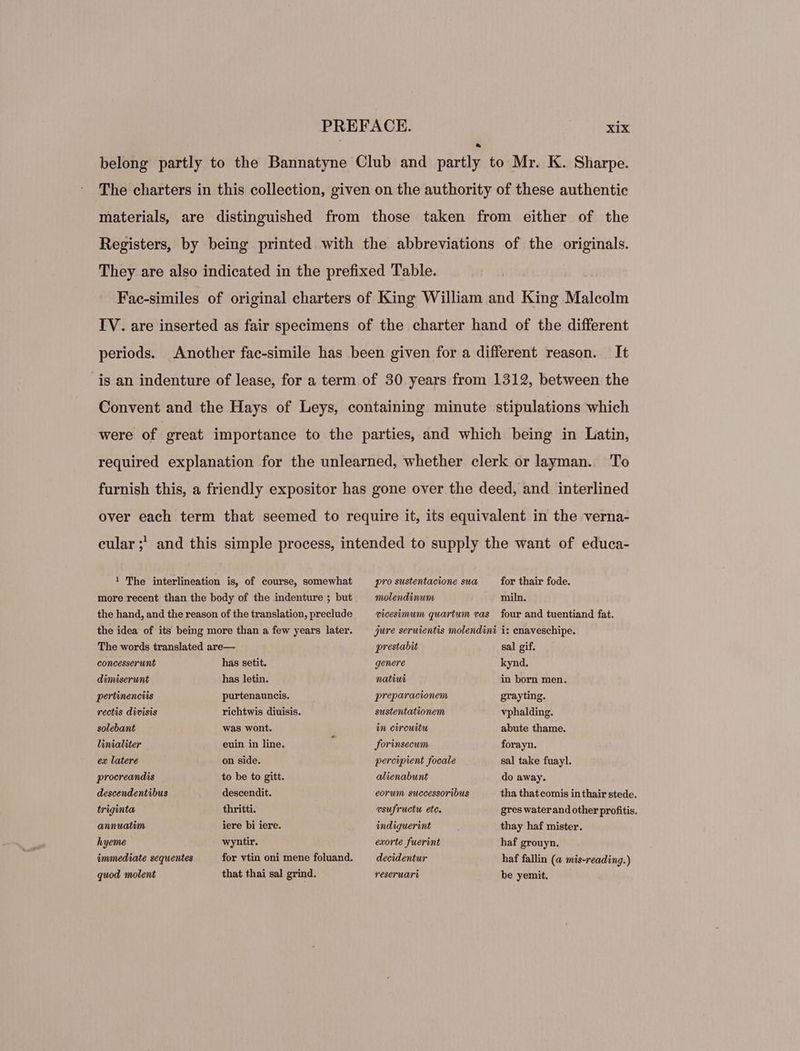 belong partly to the Bannatyne Club and Mn to Mr. K. Sharpe. The charters in this collection, given on the authority of these authentic materials, are distinguished from those taken from either of the Registers, by being printed with the abbreviations of the originals. They are also indicated in the prefixed Table. Fac-similes of original charters of King William and King Malcolm IV. are inserted as fair specimens of the charter hand of the different periods. Another fac-simile has been given for a different reason. t is an indenture of lease, for a term of 30 years from 1312, between the Convent and the Hays of Leys, containing minute stipulations which were of great importance to the parties, and which being in Latin, required explanation for the unlearned, whether clerk or layman. To furnish this, a friendly expositor has gone over the deed, and interlined over each term that seemed to require it, its equivalent in the verna- eular;' and this simple process, intended to supply the want of educa- for thair fode. molendinum miln. 1 The interlineation is, of course, somewhat pro sustentacione sua more recent than the body of the indenture ; but the hand, and the reason of the translation, preclude vicesimum quartum vas four and tuentiand fat. the idea of its being more than a few years later. jure seruientis molendini i: enaveschipe. The words translated are— prestabit sal gif. concesserunt has setit. genere kynd. dimiserunt has letin. natiui in born men. pertinenciis purtenauncis. preparacionem grayting. rectis divisis richtwis diuisis. sustentationem vphalding. solebant was wont. in circuitu abute thame. linialiter euin in line. » forinsecum forayn. ex latere on side. percipient focale sal take fuayl. procreandis to be to gitt. alienabunt do away. descendentibus descendit. eorum successoribus tha that comis in thair stede. triginta thritti. vsufructu etc. gres water and other profitis. annuatim iere bi iere. indiguerint thay haf mister. hyeme wyntir. exorte fuerint haf grouyn. immediate sequentes for vtin oni mene foluand. decidentur haf fallin (a mis-reading.) quod molent that thai sal grind. reseruari be yemit.