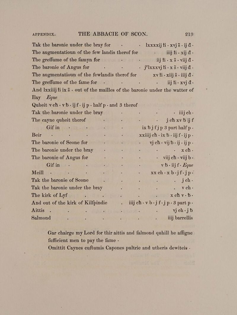 Tak the baronie under the bray for : : Ixxxxijli- xvjs. ijd- The augmentatioun of the few landis therof for : iiij ti - xij d - The greffume of the famyn for : ijti-x$-vijd- The baronie of Angus for : : . yixxxvjti- x$-viijd- The augmentatioun of the fewlandis therof for xv ti - xiij $- iiij d- The greffume of the fame for - : 7) diLdi+ xvj d< And Ixxiiij ti ix $8 - out of the mailles of the baronie under the watter of lay que Quheit vch-vb-ijf-ij p. half p. and 3 therof Tak the baronie under the bray . : - ilijch- The cayne quheit therof : . Co jehxv bij f Gifin - : ix b j £j p 3 part half p. Beir - : : : : xxiiij cli - ix b. ijf. ijp- The baronie of Scone for : e vych-vijb-ij-ijp- The baronie under the bray : : : : ex chi The baronie of Angus for : : . - viij ch - viij b Gifin .- . : vb-.ijf- Eque Meil . : : : . . xxch-xb-jf-jp- Tak the baronie of Scone A ; : : 2L yc. Tak the baronie under the bray . : : zv Ch The kirk of Lyf 1 « : x ch v-.b. And out of the kirk of Kilfpindie pum m vb-jf-jp-3 part p- Aittis . : : . 1 : ‘ yj ch-jb Salmond : ^ : : : , iiij barrellis Gar chairge my Lord for thir aittis and falmond quhill he affigne fufficient men to pay the fame - Omittit Caynes cuftumis Capones pultrie and utheris dewiteis .