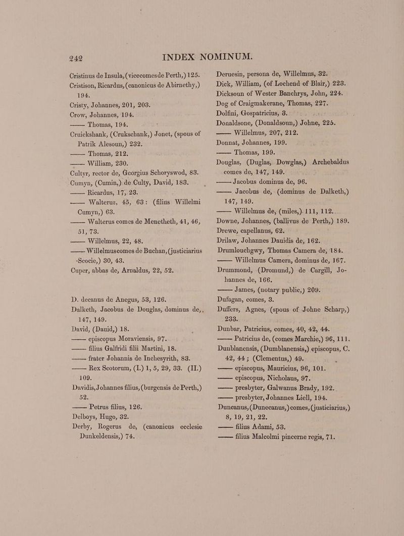 Cristinus de Insula, (vicecomesde Perth,) 125. Cristison, Ricardus, (canonicus de A birnethy,) 194. Cristy, Johannes, 201, 203. Crow, Johannes, 194. Thomas, 194. Cruickshank, ( Crukschank,) Jonet, (spous of Patrik Alesoun,) 232. Thomas, 212. William, 230. Cultyr, rector de, Georgius Schoryswod, 83. Cumyn, (Cumin,) de Culty, David, 183. Ricardus, 17,.23. Walterus, 45, 63: (filius Willelmi Cumyn,) 63. Walterus comes de Menetheth, 41, 46, 51, 78. — — Willelmus, 22, 48. Willelmuscomes de Buchan, (justiciarius ‘Scocie,) 30, 43. Cuper, abbas de, Arnaldus, 22, 52. D. decanus de Anegus, 53, 126. 147, 149. David, (Dauid,) 18. episcopus Moraviensis, 97. —— filius Galfridi fili Martini, 18. frater Johannis de Inchesyrith, 83. Rex Scotorum, (1.) 1, 5, 29, 38. (IL.) 109. Davidis,Johannes filius, (burgensis de Perth, ) 52. Petrus filius, 126. Delboys, Hugo, 32. Derby, Rogerus de, (canonicus ecclesie Dunkeldensis,) 74. Deruesin, persona de, Willelmus, 32. Dick, William, (of Lochend of Blair,) 223. Dicksoun of Wester Banchrys, John, 224. Dog of Craigmakerane, Thomas, 227. Dolfini, Gospatricius, 3. ait Donaldsone, (Donaldsoun,) Johne, 225. Willelmus, 207, 212. Donnat, Johannes, 199. Thomas, 199. Douglas, (Duglas, Dowglas,) Archebaldus comes de, 147, 149. Jacobus dominus de, 96. Jacobus de, (dominus de Dalketh,) 147, 149. Willelmus de, (miles,). 111, 112.. Downe, Johannes, (ballivus de Perth,) 189. Drewe, capellanus, 62. Drilaw, Johannes Dauidis de, 162. Drumlouchgwy, Thomas Camera de, 184. Willelmus Camera, dominus de, 167. Drummond, (Dromund,) de Cargill, Jo- hannes de, 166. James, (notary public,) 209. Dufagan, comes, 3. Duffers, Agnes, (spous of Johne Scharp,) 233. Dunbar, Patricius, comes, 40, 42, 44. Patricius de, (comes Marchie,) 96, 111. Dunblanensis, (Dumblanensis,) episcopus, C. 42, 44 ; (Clementus,) 49.. episcopus, Mauricius, 96, 101. episcopus, Nicholaus, 97. presbyter, Galwanus Brady, 192. presbyter, Johannes Liell, 194. Duneanus, (Dunecanus,) comes, (justiciarius, ) 8, 19, 21, 22. filius Adami, 53. filius Malcolmi pincerne regis, 71.