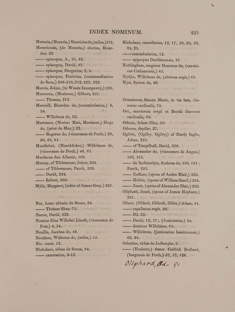 Moraviensis, (de Moravia,) diio Ricar- dus, 23. episcopus, A., 35, 82. episcopus, David, 97. episcopus, Gregorius, 2, 4. episcopus, Patricius, (commenditarius de Scon,) 206-210, 212, 222, 223. Moreis, Johne, (in Westir Innergowry,) 228. Moresoun, (Morisoun,) Gilbert, 231. Thomas, 212. Moreuill, Ricardus de, (constabularius,) 8, 24. d Willelmus de, 23. Mortemer, (Mortuo Mari, Mortimer,) Hugo de, (prior de May,) 22. Rogerus de, (vicecomes de Perth,) 29, 30, 39, 91. Munifichet, (Munthfichet,) Willelmus de, (vicecomes de Perth,) 46, 61. Murdacus dux Albanie, 168. Murray, of. Tibbirmure, Johne, 234. of Tibbermure, Patrik, 209. David, 234. Robert, 209. Myln, pong (relict of James cin.) 2 226. Nar, homo abbatis de Scone, 24. Thomas filius, 71. Narne, David, 222. Nessius filius Willelmi Lineth, (vicecomes de Pert;) 8, 24. Neuilla, Jacobus de, 49. Neuthon, Walterus de, (miles,) 55. Nic. const. 12. Nicholaus, abbas de Scona, 84. camerarius, 8-13. Nicholaus, cancellarius, 12, 17, 19, 20, 22, 24, 25. constabularius, 12. episcopus Dunblanensis, 97. Nothingham, magister Henricus de, (canoni- cus Cathanensis,) 85. Nydyn, Willelmus de, (clericus regis,) 62, Nysi, Symon de, 49. Octauianus, Sancte Marie, in via lata, dia- conus cardinalis, 78. Oct., sanctorum sergii et Bacchi diaconus cardinalis, 69. Odonis, Adam filius, 53. Odonus, dapifer, 27. Ogilvie, (Ogilby, Ogilvy,) of Durdy Inglis, Johne, 225. of Tempilhall, David, 226. ——— Alexander de, (vicecomes de Angus,) 163, 165. ; de Inchmertyn, Andreas de, 190, 191 ; Patrik, 225. Euffane, (spous of Andro Blair,) 233. Helein, (spous of William Small,) 224. Jonet, (spous of Alexander Blair,) 233. Oliphant, Jonet, (spous of James Herm) 281. ] capellanus regis, 20. —— Dd. 22. Dauid, 12, 17 ; (J me 24. ——— dominus Willelmus, 61. ' —— Willelmus, (justiciarius Laodonensis,) 42, 44. Osbertus, abbas de Jedbuürghe, 7. - : (Hosbern,) :frater Galfridi Redberd, (burgensis de Perth,) 52, 57, 126. Olipha aed p^) 2