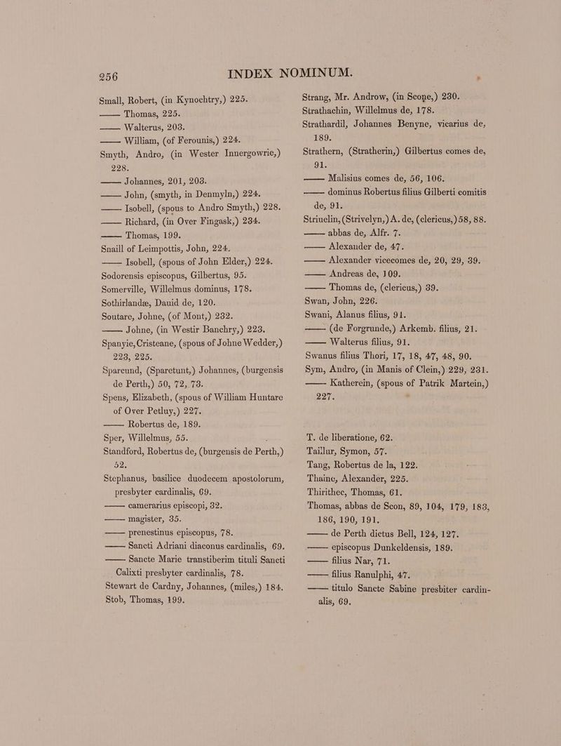 Thomas, 225. Walterus, 203. —— William, (of Ferounis,) 224. Smyth, Andro, (in Wester Innergowrie,) 228. Johannes, 201, 203. John, (smyth, in Denmyln,) 224. Isobell, (spous to Andro Smyth,) 228. Richard, (in Over Fingask,) 234. Thomas, 199. Snaill of Leimpottis, John, 224. Isobell, (spous of John Elder,) 224. Sodorensis episcopus, Gilbertus, 95. Somerville, Willelmus dominus, 178. Sothirlande, Dauid de, 120. Soutare, Johne, (of Mont,) 232. Johne, (in Westir Banchry,) 223. Spanyie, Cristeane, (spous of Johne Wedder,) 223, 225. Spareund, (Sparetunt,) Johannes, (burgensis de Perth,) 50, 72, 73. Spens, Elizabeth, (spous of William Huntare of Over Petluy,) 227. Robertus de, 189. Sper, Willelmus, 55. Standford, Robertus de, (burgensis de Perth,) 52. Stephanus, basilice duodecem apostolorum, presbyter cardinalis, 69. camerarius episcopi, 32. magister, 35. prenestinus episcopus, 78. Sancti Adriani diaconus cardinalis, 69. Sancte Marie transtiberim tituli Sancti Calixti presbyter cardinalis, 78. Stewart de Cardny, Johannes, (miles,) 184. Stob, Thomas, 199. Strang, Mr. Androw, (in Scone,) 230. Strathachin, Willelmus de, 178. Strathardil, Johannes Benyne, vicarius de, 189. Strathern, (Stratherin,) Gilbertus comes de, de —— Malisius comes de, 56, 106. dominus Robertus filius Gilberti comitis de, 91. Striuelin, (Strivelyn,) A. de, (clericus,) 58, 88. abbas de, Alfr. 7. —— Alexander de, 47. —— Alexander vicecomes de, 20, 29, 39. Andreas de, 109. Thomas de, (clericus,) 39. Swan, John, 226. Swani, Alanus filius, 91. - (de Forgrunde,) Arkemb. filius, 21. Walterus filius, 91. Swanus filius Thori, 17, 18, 47, 48, 90. Sym, Andro, (in Manis of Clein,) 229, 231. Katherein, (spous of Patrik Martein,) 227.  T. de liberatione, 62. Tailur, Symon, 57. — Tang, Robertus de la, 122. Thaine, Alexander, 225. Thirithec, Thomas, 61. Thomas, abbas de Scon, 89, 104, 179, 183, 186, 190, 191. de Perth dictus Bell, 124, 127. episcopus Dunkeldensis, 189. —— filius Nar, 71. ——— filius Ranulphi, 47. titulo Sancte Sabine presbiter cardin- alis, 69.