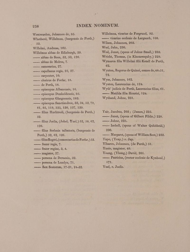 Westwardon, Johannes de, 85. Whetberd, Willelmus, (burgensis de Perth,) 220352: Willelmi, Andreas, 162. Willelmus abbas de Edinburgh, 39. abbas de Scon, 52, 53, 126. abbas de Melros, 7. camerarius, 27. capellanus regis, 23, 27. carpenter, 10. clericus de Forfar, 18. de Perth, 18. episcopus Albanensis, 16. episcopus Dunkeldensis, 95. episcopus Glasguensis, 183. episcopus Sanctiandree, 33, 34, 53, 79, 81, 95, 119, 125, 130, 137, 139. —— filius Huchtredi, (burgensis de Perth, ) 52. —— filius Joelis, (Johel, Yuel,) 52, 58, 62, 126. filius Serlonis talbatoris, (burgensis de Perth,) 52, 62, 126. filius Rogeri, (cementarius de Forfar, ) 53. frater regis, 7. frater regine, 3, 4. magister, 27. persona de Deruesin, 32. persona de Lundyn, 71. Willelmus, vicarius de Forgrund, 92. vicarius ecclesie de Largauch, 108. Wilson, Johannes, 203. Wod, John, 230. Wod, Jonet, (spous of Johne Small,) 233. Wricht, Thomas, (in Kincarroquhy,) 229. Wymarca filia Willelmi filii Ketell de Perth, 62. | Wynton, Rogerus de Quinci, comes de, 48-51, 12; Wyss, Johannes, 162. Wyston, Laurencius de, 124. ; Wyth' judicis de Perth, Laurencius filius, 61. Matilda filia Henrici, 124. Wythand, Johne, 231. Yair, Jacobus, 203; (James,) 225. Janet, (spous of Gilbert Fildie,) 228. Johne, 225. — Isobell, (spous of Walter Quhitheid,) 230. Margaret, (spous of William Scot,) 232. Yape, (Yeap,) v. Jap. Ylbaren, Johannes, (de Perth,) 51. Ynoie, magister, 49. Young, (Yhong,) David, 201. Patricius, (rector ecclesie de Kynhoul, ) Uri.