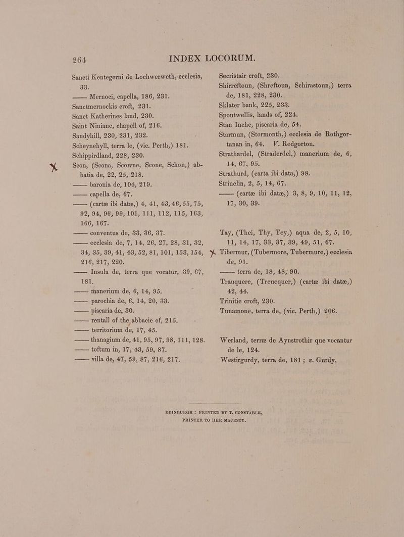 Sancti Kentegerni de Lochwerweth, ecclesia, 33. Mernoci, capella, 186, 231. Sanctmernockis croft, 231. Sanct Katherines land, 230. Saint Niniane, chapell of, 216. Sandyhill, 230, 231, 232. Scheynehyll, terra le, (vic. Perth,) 181. Schippirdland, 228, 230. Scon, (Scona, Scowne, Scone, Schon,) ab- batia de, 22, 25, 218. baronia de, 104, 219. capella de, 67. (carte ibi date,) 4, 41, 43, 46, 55, 75, 92, 94, 96, 99, 101, 111, 112, 115, 163, 166, 167. conventus de, 33, 36, 37. ecclesia de, 7, 14, 26, 27, 28, 31, 32, 34, 35, 39, 41, 43, 52, 81, 101, 153, 154, 216, 217, 220. Insula de, terra que vocatur, 39, 67, 181. manerium de, 6, 14, 95. parochia de, 6, 14, 20, 38. piscaria de, 30. rental] of the abbacie of, 215. territorium de, 17, 45. toftum in, 17, 48, 59, 87. villa de, 47, 59, 87, 216, 217. Secristair croft, 230. Shirreftoun, (Shreftoun, Schirastoun,) terra de, 181, 228, 230. Sklater bank, 225, 233. Spoutwellis, lands of, 224. Stan Inche, piscaria de, 54. Starmun, (Stormonth,) ecclesia de Rothgor- V. Redgorton. Strathardel, (Straderdel,) manerium de, 6, 14, 67, 95. Strathurd, (carta ibi data,) 98. Striuelin, 2, 5, 14, 67. (carte ibi date,) 3, 8, 9, 10, 11, 12, 17, 30, 39. tanan in, 64. Tay, (Thei, Thy, Tey,) aqua de, 2, 5, 10, 11, 14, 17, 83, 37, 39, 49, 51, 67. de, 91. terra de, 18, 48; 90. Trauquere, (Treuequer,) (carte ibi date,) 42, 44. Trinitie croft, 230. Tunamone, terra de, (vic. Perth,) 206. Werland, terre de Aynstrothir que vocantur de le, 124. Westirgurdy, terra de, 181 ; v. Gurdy.