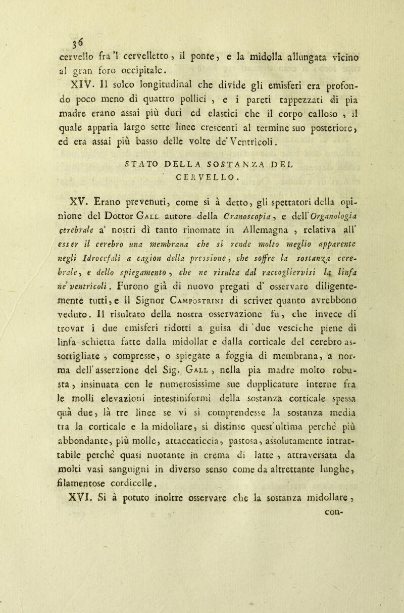 ì6 cervello fra’l cervelletto, il ponte, e la midolla allungata vicino al gran foro occipitale. XIV- 11 solco longitudini che divide gli emisferi era profon- do poco meno di quattro pollici , e i pareti tappezzati di pia madre erano assai più duri ed elastici che il corpo calloso , il quale apparia largo sette linee crescenti al termine suo posteriore} ed era assai più basso delle volte de’ Ventricoli. STATO DELLA SOSTANZA DEL CERVELLO. XV. Erano prevenuti, come si à detto, gli spettatori della opi- nione del Dottor Gall autore della Cranoscopia, e dell’ Organologia cerebrale a nostri dì tanto rinomate in Allemagna , relativa all’ esser il cerebro una membrana che si rende incito meglio apparente negli Idrocefali a cagion della pressione, che soffre la sostammo, cere- brale , e dello spiegamento , che ne risulta dal raccogliervisi la linfa ne ventrìcoli. Furono già di nuovo pregati d’ osservare diligente- mente tutti, e il Signor Campostrini di scriver quanto avrebbono veduto. Il risultato della nostra osservazione fu, che invece di trovar i due emisferi ridotti a guisa di due vesciche piene di linfa schietta fatte dalla midollar e dalla corticale del cerebro as- sottigliate , compresse, o spiegate a foggia di membrana, a nor- ma dell’asserzione del Sig. Gall, nella pia madre molto robu- sta , insinuata con le numerosissime sue dupplicature interne fra le molli elevazioni intestiniformi della sostanza corticale spessa qua due, là tre linee se vi si comprendesse la sostanza media tra la corticale e la midollare, si distinse quest’ultima perchè più abbondante, più molle, attaccaticcia, pastosa, assolutamente intrat- tabile perchè quasi nuotante in crema di latte , attraversata da molti vasi sanguigni in diverso senso come da altrettante lunghe, filamentose cordicelle. XVI. Si à potuto inoltre osservare che la sostanza midollare, con-