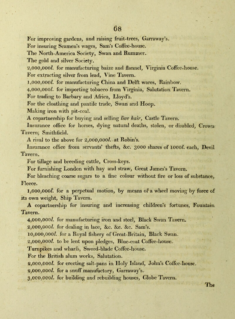 For improving gardens, and raising fruit-trees, Garraway’s, For insuring Seamen’s wages, Sam’s Coffee-house. The North-America Society, Swan and Rummer.. The gold and silver Society. 2.000. 00GZ. for manufacturing baize and flannel, Virginia Coffeerhouse. For extracting silver from lead. Vine Tavern. 1.000. 000Z. for manufacturing China and Delft wares. Rainbow. 4.000. 000Z. for importing tobacco from Virginia, Salutation Tavern. For trading to Barbary and Africa, Lloyd’s. For the cloathing and pantile trade. Swan and Hoop.. Making iron with pit-coal. A copartnership for buying and selling live hair, Castle Tavern. Insurance office for horses, dying natural deaths, stolen, or disabled. Grown Tavern; Smithfieid. A rival to the above for 2,000,000Z. - at Robin’s. Insurance office from servants’ thefts, &c. 3000 shares of lOOOZ. each. Devil Tavern. For tillage and breeding cattle. Cross-keys. For furnishing London with hay and straw. Great James’s Tavern. For bleaching coarse sugars to a fine colour without fire or loss of substance, Fleece. 1,C00,000Z^ for a perpetual motion, by means of a wheel moving by force of its own weight. Ship Tavern. A copartnership for insuring and increasing children’s fortunes. Fountain Tavern. 4.000. 000/. for manufacturing iron and steel. Black Swan Tavern. 2.000. 000/. for dealing in lace, &c. &c. &c. Sam^s. 10.000. 000/. for a Royal fishery of Great-Britain, Black Swan. 2.000. 000/. to be lent upon pledges. Blue-coat Coffee-house. Turnpikes and wharfs. Sword-blade Coffee-house. For the British alum works. Salutation. 2,000,000/. for erecting salt-pans in Holy Island, John’s Coffee-house. 2.000. 000/. for a snuff manufactory, Garraway’s. 3.000. 000/, for building and rebuilding houses. Globe Tavern, The