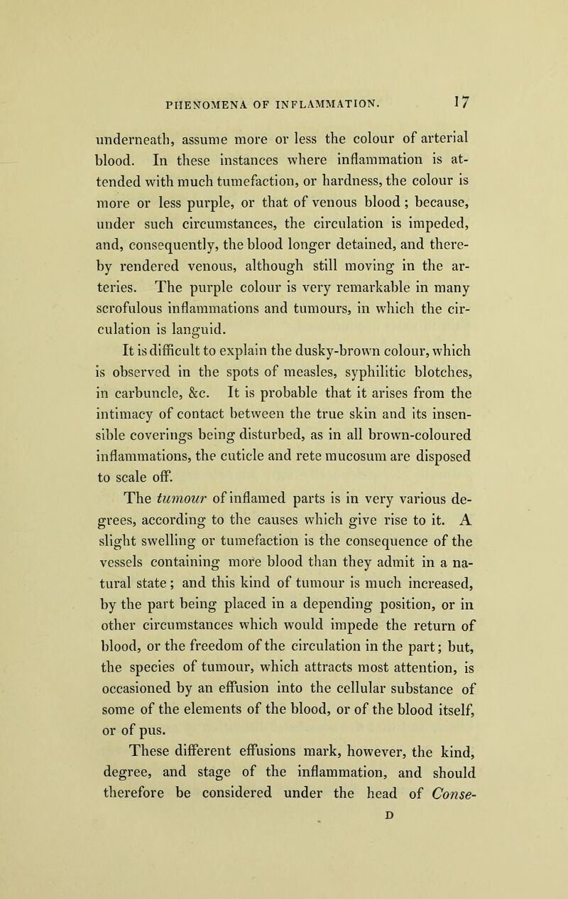 underneath, assume more or less the colour of arterial blood. In these instances where inflammation is at- tended with much tumefaction, or hardness, the colour is more or less purple, or that of venous blood; because, under such circumstances, the circulation is impeded, and, consequently, the blood longer detained, and there- by rendered venous, although still moving in the ar- teries. The purple colour is very remarkable in many scrofulous inflammations and tumours, in which the cir- culation is languid. It is difficult to explain the dusky-brown colour, which is observed in the spots of measles, syphilitic blotches, in carbuncle, &c. It is probable that it arises from the intimacy of contact between the true skin and its insen- sible coverings being disturbed, as in all brown-coloured inflammations, the cuticle and rete mucosum are disposed to scale off. The tumour of inflamed parts is in very various de- grees, according to the causes which give rise to it. A slight swelling or tumefaction is the consequence of the vessels containing more blood than they admit in a na- tural state ; and this kind of tumour is much increased, by the part being placed in a depending position, or in other circumstances which would impede the return of blood, or the freedom of the circulation in the part; but, the species of tumour, which attracts most attention, is occasioned by an effusion into the cellular substance of some of the elements of the blood, or of the blood itself, or of pus. These different effusions mark, however, the kind, degree, and stage of the inflammation, and should therefore be considered under the head of Conse- D