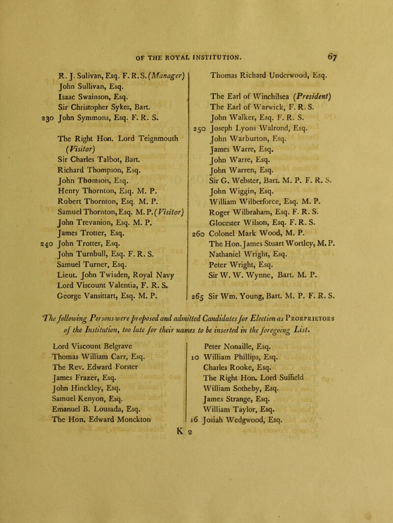 R. J. Sulivan, Esq. F. R.S. (Manager) John Sullivan, Esq. Isaac Swainson, Esq. Sir Christopher Sykes, Bart. 230 John Symmons, Esq. F. R. S- The Right Hon. Lord Teignmouth ( Visitor) Sir Charles Talbot, Bart. Richard Thompson, Esq. John Thomson, Esq. Henry Thornton, Esq. M. P. Robert Thornton, Esq. M. P. Samuel Thornton, Esq. M. P. ( Visitor) John Trevanion, Esq. M. P. James Trotter, Esq. 240 John Trotter, Esq. John Turnbull, Esq. F. R. S. Samuel Turner, Esq. Lieut. John Twisden, Royal Navy Lord Viscount Valentia, F. R. S. George Vansittart, Esq. M. P. Thomas Richard Underwood, Esq. The Earl of Winchilsea (President) The Earl of Warwick, F. R. S. John Walker, Esq. F. R. S. 250 Joseph Lyons Walrond, Esq. John Warburton, Esq. James Warre, Esq. John Warre, Esq. John Warren, Esq. Sir G. Webster, Bart. M. P. F. R. S. John Wiggin, Esq. William Wilberforce, Esq. M. P. Roger Wilbraham, Esq. F. R. S. Glocester Wilson, Esq. F. R. S. 260 Colonel Mark Wood, M. P. The Hon. James Stuart Wortley, M. P. Nathaniel Wright, Esq. Peter Wright, Esq. Sir W. W. Wynne, Bart. M. P. 265 Sir Wm. Young, Bart. M. P. F. R. S. The following Persons were proposed and admitted Candidates for Election as Prorprietors of the Institution, too late for their names to be inserted in the foregoing List. Lord Viscount Belgrave Thomas William Carr, Esq. The Rev. Edward Forster James Frazer, Esq. John Hinckley, Esq. Samuel Kenyon, Esq. Emanuel B. Lousada, Esq. The Hon. Edward Monckton Peter Nonaille, Esq. 10 William Phillips, Esq. Charles Rooke, Esq. The Right Hon. Lord Suffield William Sotheby, Esq. James Strange, Esq. William Taylor, Esq. 16 Josiah Wedgwood, Esq.