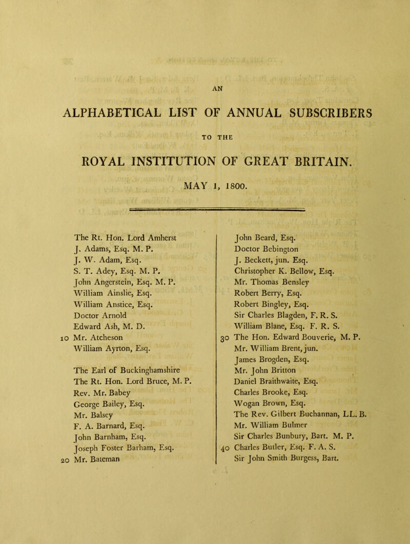 AN ALPHABETICAL LIST OF ANNUAL SUBSCRIBERS TO THE ROYAL INSTITUTION OF GREAT BRITAIN. MAY l, 1800. The Rt. Hon. Lord Amherst J. Adams, Esq. M. P. J. W. Adam, Esq. S. T. Adey, Esq. M. P. John Angerstein, Esq. M. P. William Ainslie, Esq. William Anstice, Esq. Doctor Arnold Edward Ash, M. D. 10 Mr. Atcheson William Ayrton, Esq. The Earl of Buckinghamshire The Rt. Hon. Lord Bruce, M. P. Rev. Mr. Babey George Bailey, Esq. Mr. Balsey F. A. Barnard, Esq. John Barnham, Esq. Joseph Foster Barham, Esq. 20 Mr. Bateman John Beard, Esq. Doctor Bebington J. Beckett, jun. Esq. Christopher K. Bellow, Esq. Mr. Thomas Bensley Robert Berry, Esq. Robert Bingley, Esq. Sir Charles Blagden, F. R. S. William Blane, Esq. F. R. S. 30 The Hon. Edward Bouverie, M. P. Mr. William Brent, jun. James Brogden, Esq. Mr. John Britton Daniel Braithwaite, Esq. Charles Brooke, Esq. Wogan Brown, Esq. The Rev. Gilbert Buchannan, LL. B. Mr. William Bulmer Sir Charles Bunbury, Bart. M. P. 40 Charles Butler, Esq. F. A. S. Sir John Smith Burgess, Bart.