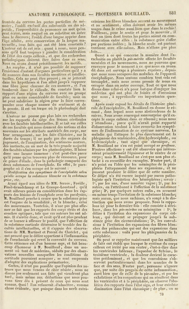 frontale tlii cerveau les perles partielles de mé- moire, l'oubli exclusif des subslantifs ou des ad- jectifs , rimpossilnlilé tle prononcer un mot qu’on peut écrire, mais auquel on en substitue un autre dans le discours; l’oubli d’une langue apprise dans l’àge adulte, avec conservation de la langue ma- ternelle , tous faits qui ont été bien constatés ? L’anteur est de cet avis ; quant à nous, nous pen- sons qu’il faut toujours y joindre la considération de l’état dos corps calleux, et que des iccliercbes pathologiques doivent être faites dans ce sens. Nous en avons donné précédemment les motifs. Au surplus , il n’est pas possible de supposer l’existence d’autant d’organes particuliers qu’il y a de nuances dans nos facultés sensitives et intellec- tuelles. Cela ne peut être prouvé ; on se jetterait dans les hypothèses si l’on allait jusqu’à supposer une fibre pour chacune de ces nuances , et l’on tomberait dans le ridicule. On constate bien le rapport d’une région du cerveau avec un groupe plus ou moins considérable de facultés; mais on ne peut subdiviser la région pour la faire corres- f»ondre avec chaque nuance du sentiment et de a pensée. Il est un terçie où la phrénologie doit s’arrêter. L’auteur ne pousse pas plus loin ses recherches sur les rapports du siège des lésions cérébrales avec les facultés intellectuelles. Il sc lait sur celles de ces facultés qui nous donnent des notions et des souvenirs sur les attributs matériels des corps, sur leur arrangement, sur les faits d’histoire , sur la durée du temps; il ne parle pas des organes du jugement, de l’imagination, des senlimens moraux, des instincts, en un mot de la très grande majorité des facultés admises par les phrénologistes. Il laisse donc une lacune immense : c’est peut-être parce qu’il pense qu’on trouvera plus de ressource, pour ce genre d’étude, dans la pathologie comparée des deux substances de l’encéphale. En effet, le para- graphe où il s’en occupe est le suivant : Modification des symptômes de l’encéphalite selon qu’elle occupe la substance blanche ou la substance grise, etc. Ayant égard aux idées de MM. Serres , Foville , Pinel-Grandchamp et La Crampe-Loustaud , qu’il avait ailleurs prises en considération dans les rap- ports des lésions de l’encéphale avec les paralysies, M. Bouillaud penche à croire que la substance grise est l’organe de la sensibilité , et la blanche, celui des mouvernens. Toutefois, il n’ose pas plus affir- mer ce fait que les rapports des corps striés et des couches optiques, tels que ces auteurs les ont ad- mis. Il s’arrête donc, et croit qu’il est plus prudent de se borner à affirmer le positif, que l’affection de la substance corticale détermine le trouble des fa- cultés intellectuelles, et il s’appuie des observa- tions de MM. Martinet et Parent du Châtelet, qui ont prouvé que le délire appartient à l’inflammation de l’arachnoide qui revet la convexité du cerveau. Cette réticence est d’un homme sage, et fait beau- coup d’honneur à M. Bouillaud , dans un mo- ment où tant de médecins, séduits par des obser- vations nouvelles auxquelles les conditions de certitude pouvaient manquer, se sont empressés d’adopter des explications prématurées. Certes, il n’est pas possible que l’opinion des au- teurs que nous venons de citer résiste, nous ne disons pas seulement aux faits qui viendront plus tard, mais même aux déductions que nous pou- vons tirer dès à présent de ceux qui nous sont connus. Quoi ! l’on refuserait d’admettre, comme chose évidente, que puisque dans les nerfs extra- crâniens les fibres blanches servent au mouvement et au sentiment, elles doivent avoir les memes usages dans le crâne aussi bien que dans le r.nchis ! D’ailleurs, pour le sentir et pour le mouvoir, il faut un tissu dont toutes les parties soient en com- munication entre elles : la substance grise s’offre par portions isolées ; la blanche seule est partout continue avec elle-même. Mais n'allons pas plus loin... Quant à ce qui concerne la manière dont l’a- rachnitis ou plutôt la pfe-wêrjVe afi’ecte les facultés mentales et les mouvernens, nous ne pouvons que renvoyer pour le moment à ce que nous en avons dit dans cet ouvrage à plusieurs reprises , depuis que nous nous occupons des maladies de l’appareil encéphalique. Nous sentons combien tout cela est incomplet, mais nous avons promis de nous en occuper dans un autre ouvrage. Tout ce que nous disons dans celui-ci n’a pour but que d’engager le.s médecins qui ont plus de loisirs et d’occasions que nous , à approfondir ces importantes ques- tions. Après avoir exposé les détails de l’Iiistoire géné- rale de l’encéphalite, M, Bouillaud en donne le ré- sumé , dans lequel nous nous abstiendrons de le suivre. Nous avons l’emarqué sans surprise qu’il ex- cepte le corps calleux dans ce résumé; nous nous y attendions , parce qu’il n’avait point rapporté d’observation tendant à faire ressortir les symptô- mes de l’inflammation de ce système nerveux. La maladie qui l’attaque le plus directement est la phlegmasie des ventricules, dite hydrocéphale , ou liydrencéphale , tant aiguë que chronique, et M. Bouillaud ne s’en est point occupé ex professa. D’autres affections y ont été observées qui intéres- saient primitivement l’épaisseur et le centre de ce corps ; mais M. Bouillaud ne s’est-pas non plus at- taché à en recueillir des exemples. D’autre part, il n’a point eu l’idée que les méningites de la péri- phérie l’attaquassent dans ses expansions, et ne pussent produire le délire que de cette manière. Ce délire n’a été encore imputé par aucun patho- logiste qu’à l’irritation des hémisphères ; savoir : l®, par les uns, d’une manière vague; 2®, par les autres, en l’attribuant à l’affection delà substance grise; 3, par quelques autres enfin, en accusant en même temps l’irritation de la substance blanche; mais aucun, que nous sachions, n’a songé à la dis- tinction que nous avons proposée. Nous la rappe- lons ici pour la dernière fois : elle consiste à attri- buer, dans les pie-mérites ou méningites : 1®, le délire à l’irritation des expansions du corps cal- leux , qui doivent se propager jusqu’à la sub- stance grise des circonvolutions ; 2®, les convul- sions à l’irritation des expansions <les fibres blan- ches des pédoncules qui ont des expansions dans cette substance : voilà pour les phlegmasies de la périphérie. On peut se rappeler maintenant que des milliers de faits ont établi que lorsque le système du corps calleux est irrité par son centre , c’est-à-dire dans les ventricules latéraux, l’aqueduc de Sylvius, le troisième ventricule , la douleur devient le carac- tère prédominant, et que les convulsions s’ob- servent particulièrement dans les muscles de la face et des sens. D’autre part, personne n’ignore que, par suite des progrès de cette inflammation, aussi bien que de celle de la pie-mère, et par les exhalations et les congestions qui en résultent dans les ventricules et à la périphérie, on observe l’abo- lition des rapports dans l’état aigu, et leur extrême diminution dans l’état chronique ; de plus, on se 73