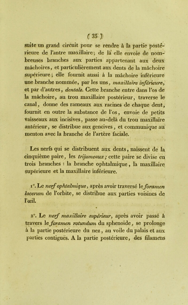 (35;} suite un grand circuit pour se rendre h la partie poste- rieure de I’antre maxillaire ; de 14' elle envoie de nom- breuses branches aux parties appartenant aux deux machoires, et particulierement aux dents de la m4choire sup^rieure; elle fournit aussi 4 la machoire infi^rieure une branche nommee, par les uns, maxillaire inferieure, et par d^autres, dentale. Cette branche entre dans Tos de la machoire, au trou maxillaire post^rieur, traverse le canal, donne des rameaux aux racines de chaque dent, fournit en outre la substance de I’os, envoie de petits vaisseaux aux incisives, passe au-del4 du trou maxillaire anterieur, se distribue aux gencives, et communique au menton avec la branche de Fartere faciale. Les nerfs qui se distribuent aux dents, naissent de la cinquieme paire, les trijumeaux; cette paire se divise en trois branches : la branche ophtalmique, la maxillaire sup6rieure et la maxillaire inferieure. 1°. Le nerf ophtalmique y apres avoir traverse \eforamen lacerum de I’orbite, se distribue aux parties voisines de I’ceil. 2°. Le nerf maxillaire superieur^ apres avoir passe 4. travel’s \q foramen rotundum du sphenoide, se prolonge a la partie post^rieure du nez, au voile du palais et aux parlies contigues. Ala partie posterieure, des filamens