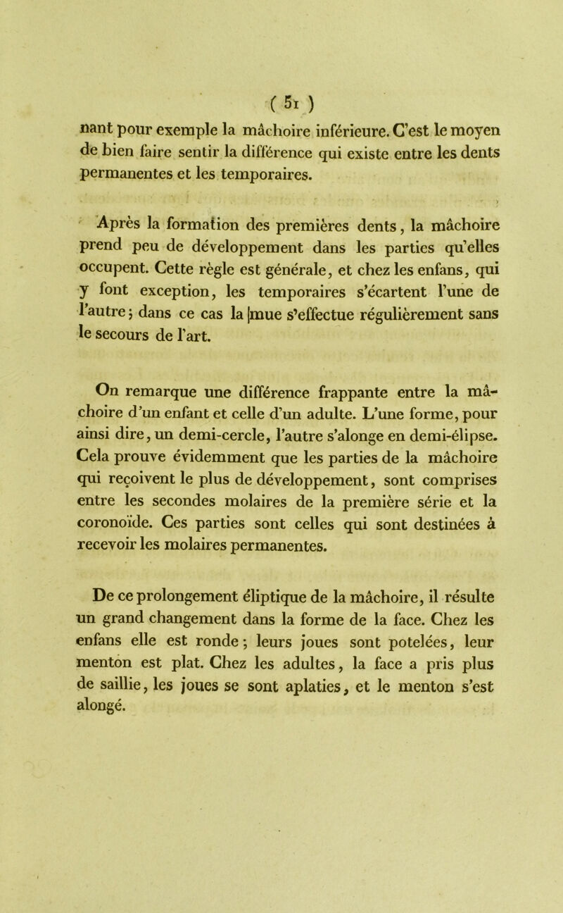 mnt pour exemple la machoire inf<6rieure. C’est le moyen de bien faire sentir la difli^rence qui existe entre les dents permanentes et les temporaires. ' Apres la formation des premieres dents, la machoire prend peu de developpement dans les parties qu’elles occupent. Cette regie est generale, et chez les enfans, qui •y font exception, les temporaires s’ecartent Tune de Fautre 5 dans ce cas la |mue s’effectue regulierement sans le secours de fart. On remarque une difference frappante entre la ma- choire d’un enfant et celle d’un adulte. L’une forme, pour ainsi dire, un demi-cercle, Tautre s’alonge en demi-6lipse. Cela prouve evidemment que les parties de la machoire qui recoivent le plus de developpement, sont comprises entre les secondes molaires de la premiere serie et la coronoide. Ces parties sont celles qui sont destinees a recevoir les molaires permanentes. De ce prolongement eliptique de la machoire, il resulte un grand changement dans la forme de la face. Chez les enfans elle est ronde; leurs joues sont potelees, leur menton est plat. Chez les adultes, la face a pris plus de saillie, les joues se sont aplaties, et le menton s’est alonge.