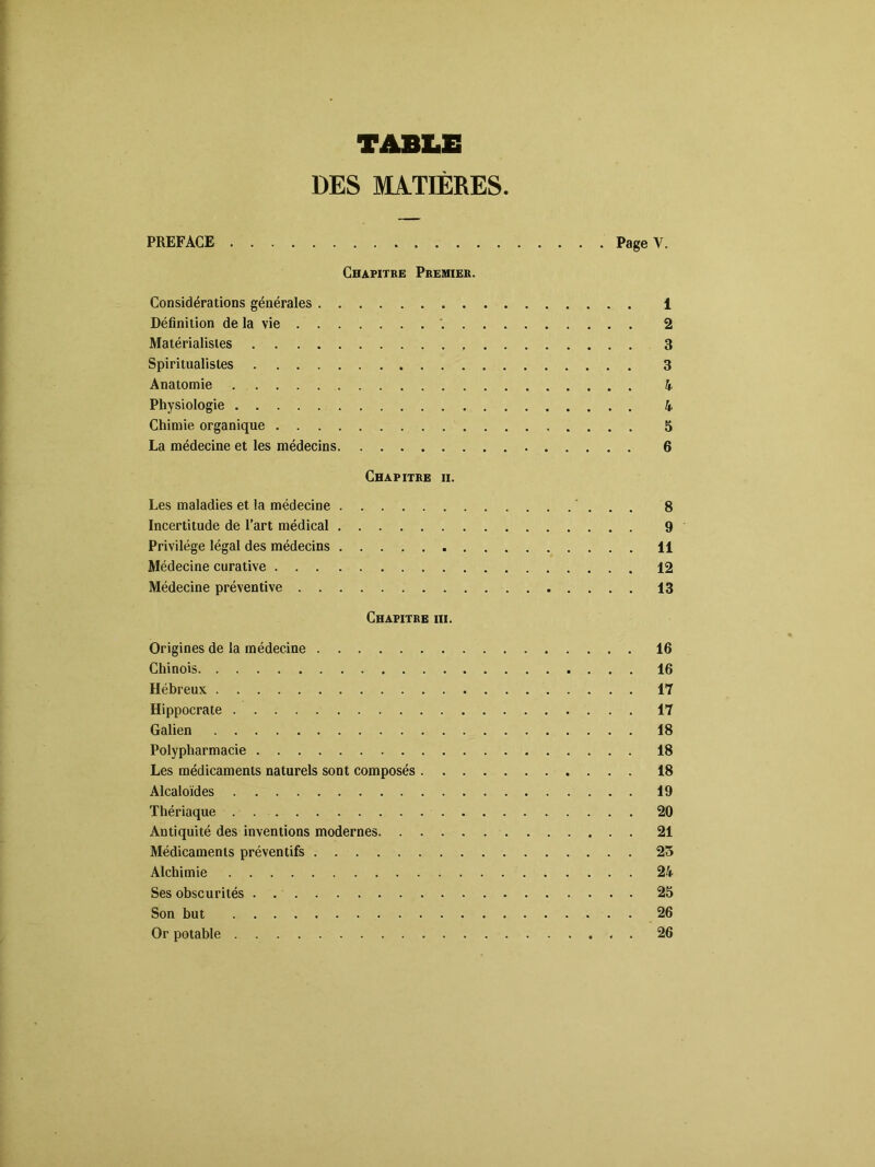 TABLE DES MATIÈRES. PREFACE Page V. Chapitre Premier. Considérations générales i Définition de la vie . 2 Matérialistes 3 Spiritualistes 3 Anatomie 4 Physiologie 4 Chimie organique 5 La médecine et les médecins 6 Chapitre ii. Les maladies et la médecine 8 Incertitude de l’art médical 9 Privilège légal des médecins 11 Médecine curative 12 Médecine préventive 13 Chapitre iii. Origines de la médecine 16 Chinois 16 Hébreux 17 Hippocrate 17 Galien 18 Polypharmacie 18 Les médicaments naturels sont composés 18 Alcaloïdes 19 Thériaque . 20 Antiquité des inventions modernes 21 Médicaments préventifs 23 Alchimie 24 Ses obscurités 25 Son but 26 Or potable 26