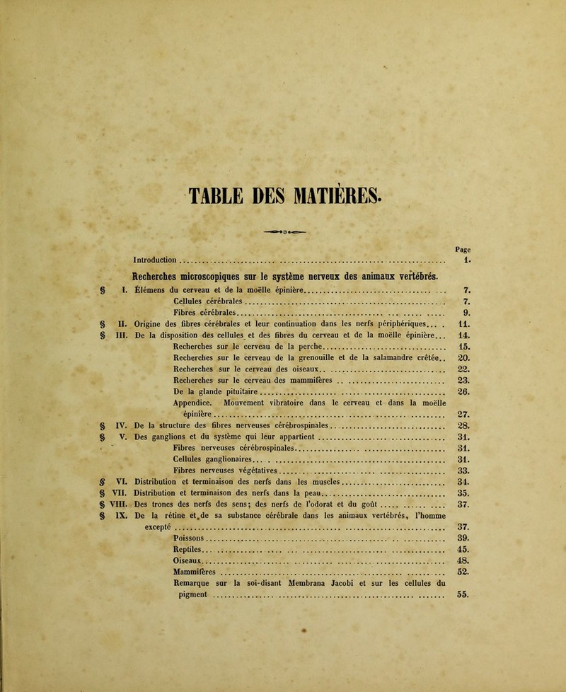 TABLE DES MATIÈRES. Page Introduction 1. Recherches microscopiques sur le système nerveux des animaux vertébrés. § l. Élémens du cerveau et de la moëlle épinière 7. Cellules cérébrales 7. Fibres cérébrales 9. § II. Origine des fibres cérébrales et leur continuation dans les nerfs périphériques... . 11. § III. De la disposition des cellules et des fibres du cerveau et de la moëlle épinière... 14. Recherches sur le cerveau de la perche 15. Recherches sur le cerveau de la grenouille et de la salamandre crêtée.. 20. Recherches sur le cerveau des oiseaux 22. Recherches sur le cerveau des mammifères 23. De la glande pituitaire 26. Appendice. Mouvement vibratoire dans le cerveau et dans la moëlle épinière 27. § IV. De la structure des fibres nerveuses cérébrospinales 28. § V. Des ganglions et du système qui leur appartient 31. • ' Fibres nerveuses cérébrospinales 31. Cellules ganglionaires... 31. Fibres nerveuses végétatives 33. § VI. Distribution et terminaison des nerfs dans les muscles 34. § VII. Distribution et terminaison des nerfs dans la peau 35. § VIII. Des troncs des nerfs des sens; des nerfs de l’odorat et du goût 37. § IX. De la rétine et.de sa substance cérébrale dans les animaux vertébrés, l’homme excepté 37. Poissons 39. Reptiles 45. Oiseaux 48. Mammifères 52. Remarque sur la soi-disant Membrana Jacobi et sur les cellules du pigment 55.