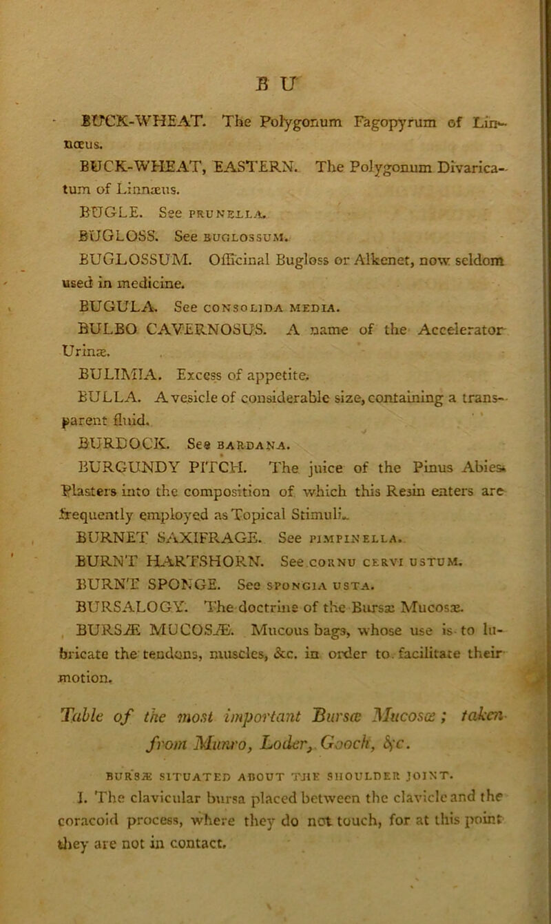 BUCK-WHEAT. The Polygonum Fagopyrum of Lin*~ noeus. BUCK-WHEAT, EASTERN. The Polygonum Divarlca- tum of LiiuuEus. BUGLE. See PRUNEi-L^t. BUGLOSS. See buglossum. EUGLOSSUM. OlEcinal Bugloss or Alkenet, now seldom used in medicine. BUGULA, See consobida mebia. BULBO CAV'ERNOSUS. A name of the Accelerator UrinjE. BULIMIA. Excess of appetite^ BULLA. A vesicle of considerable size, containing a trans- parent fluid. BURDOCK. See BARDA^'A. BURGUNDY PITCH. The juice of the Pinus Abiesi plasters into the composition of which this Resin eaters are^ frequently employed as Topical StimulL BURNET SAXIFRAGE. See pimpijs'ella. BURNT HARTSHORN. See.coRNu cervi ustum. BURNT SPONGE. See spongia usta. BURSALOGYl The doctrine of the Bursx Mucoste. , BURSAE MUCOSj®. Mucous bags, whose use is-to lu- bricate the tendons, muscles, &c. in oixler to. facilitate their motion. Table of the most important Burste Mucosae; taken- from Miim'o, Loder^ Gooch, ^'c. BUR'SiE SITUATED ABOUT TUE SHOULDER JOINT. I. The clavicular bursa placed between the clavicle and the coracoid process, where they do not touch, for at this point tliey are not in contact.