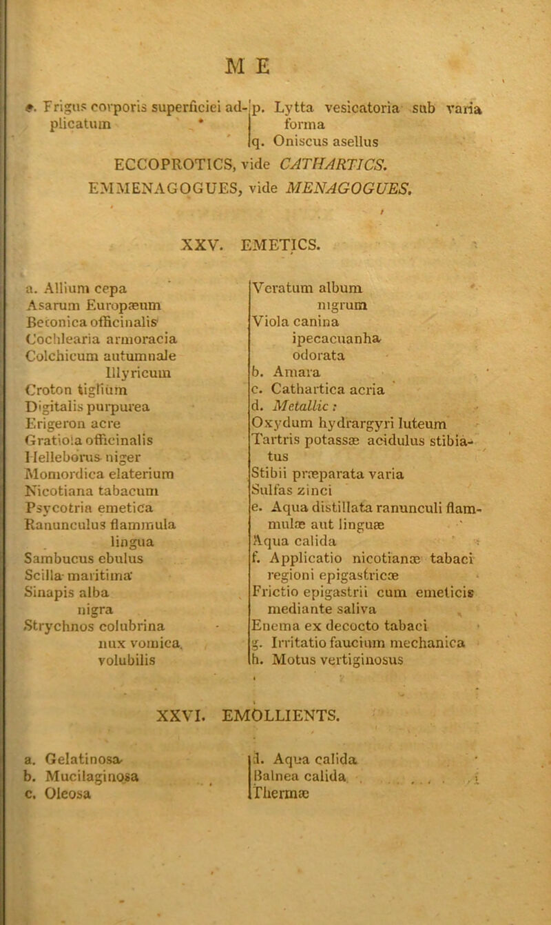 «►. rrigns corporis superficiei ad-jp, Lytta vesicatoria sab varia plicatuin * forma q. Oniscus asellus ECCOPROTICS, vide CATHARTICS. EMMENAGOGUES, vide MENAGOGUES. XXV. a. Allium cepa Asarum Europjeum Beconica officinalis Cocldearia armoracia Colchicum autumnaJe lllyricum Croton tigliiim Digitalis purpurea Erigeron acre Gratiola officinalis 1 lellebdms niger Moniordica elaterium Nicotiana tabacum Psycotrin emetica Ranunculus flammula lingua Sambucus ebulus Scilla- maritima' Sinapis alba nigra Strychnos colubrina iiux vomica, volubilis EMETICS. Vcratum album. mgrum Viola canina ipecacuanha odorata b. Amara c. Cathartica acria d. Metallic: Oxydum hydrargyri luteum Tartris potassae acidulus stibia- tus Stibii prieparata varia Sulfas zinci e. Aqua distillata ranunculi flam- mulas aut linguae Aqua calida ’ ■; f. Applicatio nicotianae tabaci regioni epigasti'icae Frictio epigastrii cum emeticis mediante saliva Enema ex decocto tabaci g. Irritatio faucium mechanica h. Motus vertiginosus XXVI. EMOLLIENTS. a. Gelatinosa. b. Mucilagino.sa c. Oleosa 3. Aqua calida Balnea calida Thermae