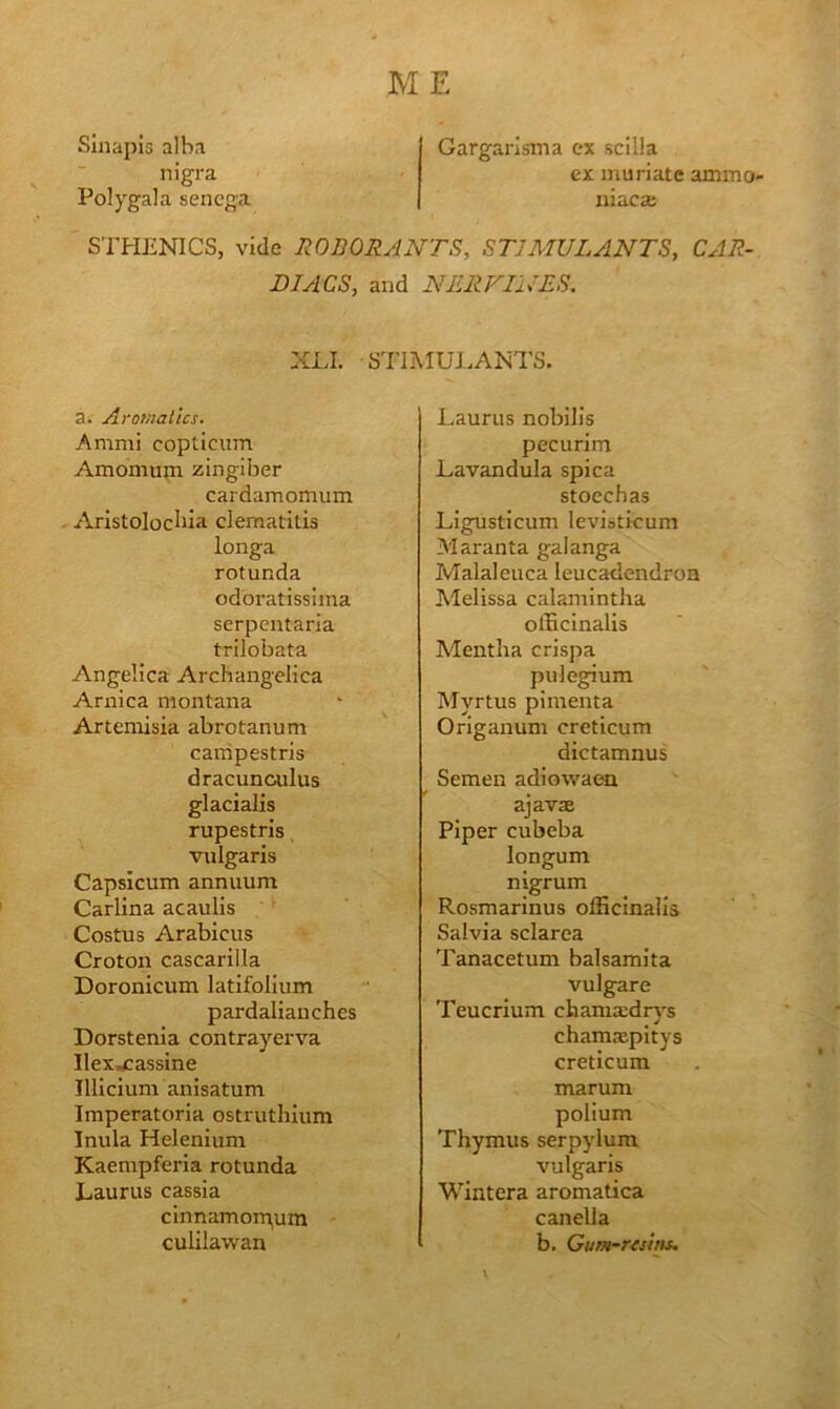 Sliiapis albci nigra Polygala senega Gargarisma ex scilla ex muriate ammo- iiiacse STHENICS, vide ROBORANTS, STIMULANTS, CAR- DIACS, and NERFINES. XLI. S7’IMUI.ANTS. a. Aromatics. Ammi copticum Amomujn zingiber cardamomum Arlstolocbia clematitis longa rotunda odoratissiina serpentaria trilobata Angelica Archaiigelica Arnica montana Artemisia abrotanum canipestris dracunculus glacialis rupestris vulgaris Capsicum annuum Carlina acaulis Costus Arabicus Croton cascarilla Doronicum latifolium pardaliauches Dorstenia contrayerva Ilexgcassine Illicium anisatum Imperatoria ostruthium Inula Helenium Kaempferia rotunda Laurus cassia cinnamom,um ■ culilawan Laurus nobilis pecurim Lavandula spica stoechas Ligusticum levisticum Maranta galanga Malaleuca leucadendron Melissa calamintha olBcinalis Adentlia crispa puiegiura Myrtus pimenta Origanum creticum dictamnus Semen adiowaen ajavae Piper cubeba longum nigrum Rosmarinus officinalis Salvia sclarea Tanacetum balsamita vulgare Teucrlum chama:drys cham^pitys creticum marum polium Thymus serpylum vulgaris Wintera aromatica canella b. Gum-resins,