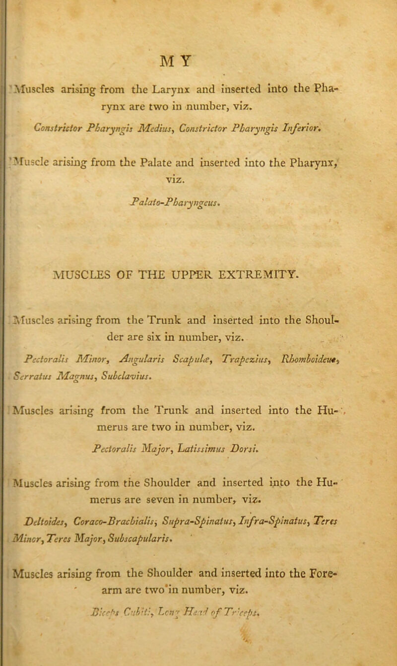 ! I I i j Aluscles arising from the Larynx and inserted Into the Pha- rynx are two in number, viz. Constrictor Pbaryngis Medius, Constrictor Pbaryngis Inferior. ’Muscle arising from the Palate and inserted into the Pharynx, . viz. Palaio-Pbaryngeus. MUSCLES OF THE UPPER EXTREMITY. Muscles arising from the Trunk and inserted into the Shoul- der are six in number, viz. Pectoralis Minor, Angularis Scapulce, Trapezius, Rhomboideut, Serratus Magnus, Subclavius. Muscles arising from the Trunk and inserted Into the Hu- merus are two in number, viz. Pectoralis Major, Latissimus Torsi. Muscles arising from the Shoulder and inserted Into the Hu- merus are seven in number, viz. Telloides, Coraco-Bracbialisj Supra-Bpinatus, Infra-Spinatus, Terrs Minor, Teres Major, Subscapularis. Muscles arising from the Shoulder and inserted into the Fore- arm are two'in number, viz. 1}kef’s Cubit':, Lcn-r Head ofTrreps. ' K