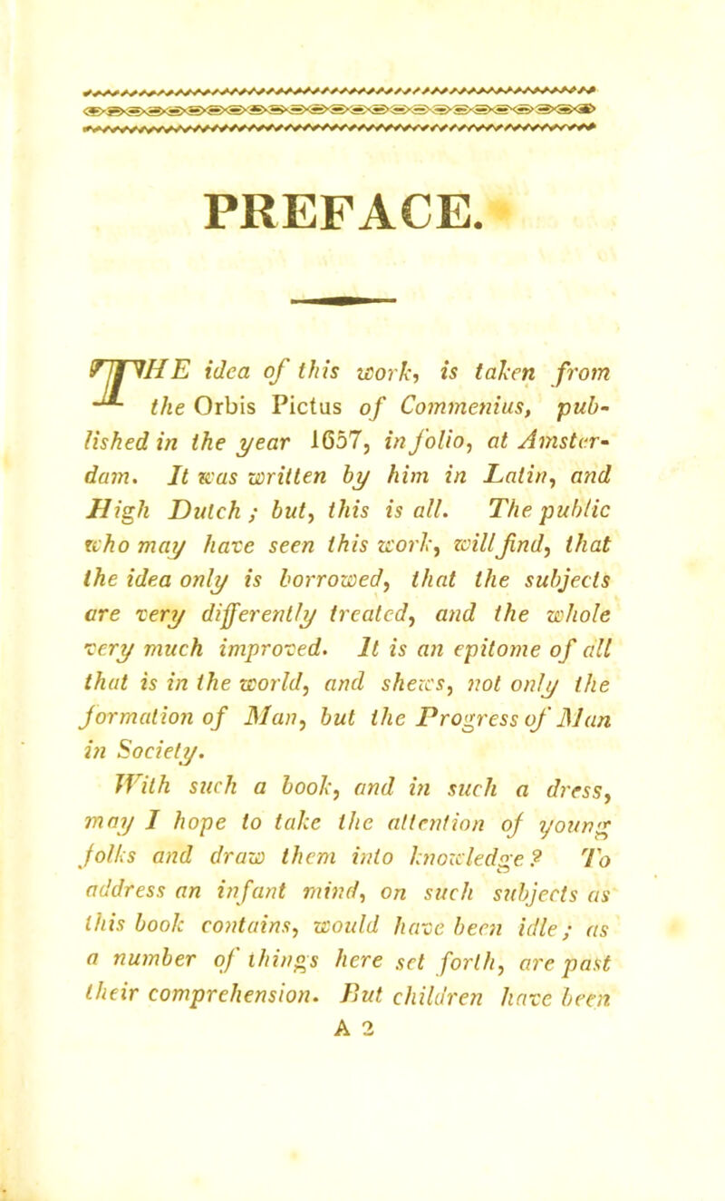 PREFACE. HE idea of this work’, is taken from the Orbis Pictus of Commenius, pub- lished in the year 1657, in folio, at Amster- dam. It was written by him in Latin, and High Dutch ; but, this is all. The public who may hate seen this work, will find, that the idea only is borrowed, that the subjects are very differently treated, and the whole tery much improved. It is an epitome of all that is in the world, and shews, not only the formation of Man, but the Progress of Man in Society. With such a book, and in such a dress, may I hope to take the attention of young folks and draw them into knowledge ? To address an infant mind, on such subjects as this book contains, would hate been idle; as a number of things here set forth, are past their comprehension. But children have been