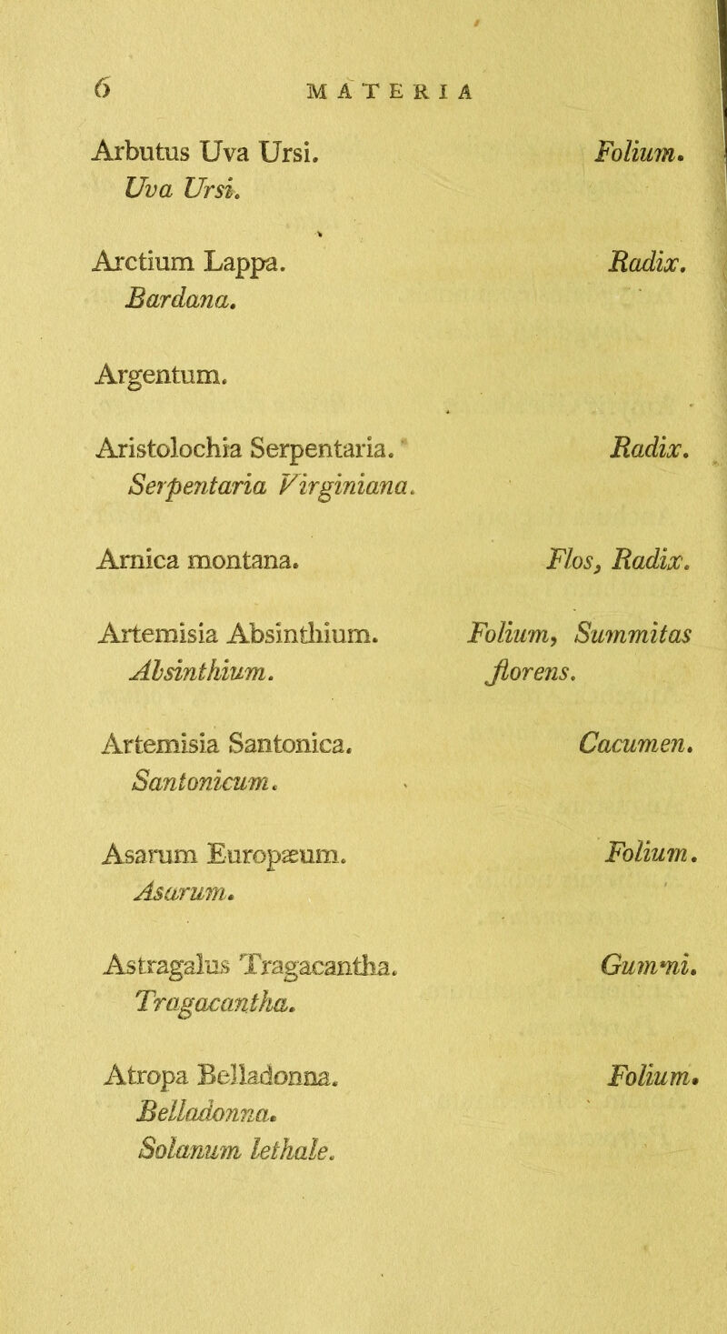 Arbutus Uva Ursi. Folium, Uva Ursk Arctium Lappa. Radix, Bardana, Argentum. Aristolochia Serpentaria.' Serpentaria Virginiana Amica montana. Artemisia Absintliium. Aldnthium. Artemisia Santonica. Santonicum, Asarum Europaeum. Folium, Asarum, Astragalus Tragacantha. Gummi, Tragacantha, Atropa Belladonna. Folium, Belladonna, Solanum lethale. Radix, FloSj Radix, Folium^ Summitas Jiorens, Cacumen,