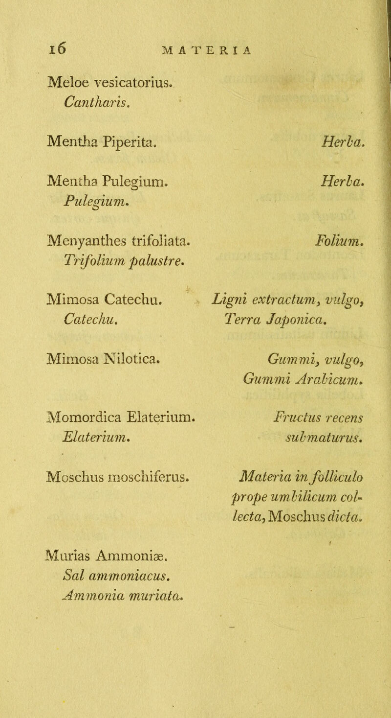 Meloe vesicatorius. Cantharis. Mentlia Piperita. Mentha Pulegium. Pulegium» Menyanthes trifoliata. Trifolium palustre. Mimosa Catechu. Catechu. Mimosa Nilotica. Momordica Elaterium. Elaterium. Moschus moschiferus. Murias Ammoniae. Sal ammoniacus. Ammonia muriata. Herha. Herla. Folium. Ligni extractum^ vulgo, Terra Japonica, Gummiy vulgo, Gummi AraVicum. Fructus recens suhmaturus. Materia in folliculo prope umVilicum coU lecta, Moschus dicta.