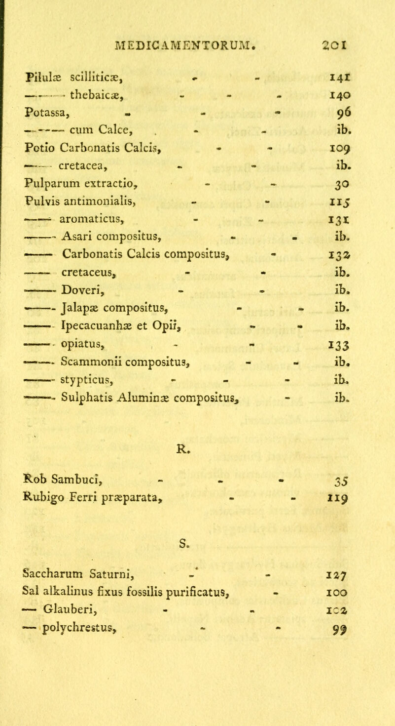 Pilulas scilliticae, thebaicae, Potassa, cum Calce, Potio Carbonatis Calcis, —— cretacea. Pulparum extractio. Pulvis antimonialis, * aromaticus, Asari compositus, —— Carbonatis Calcis compositus, cretaceus, Doveri, Jalapse compositus, — Ipecacuanhse et Opii, - ■ opiatus, —— Scammonii compositus, stypticus, —- Sulphatis Aluminx compositus. R. Rob Sambuci, Rubigo Ferri prxparata, S. Saccharum Saturni, Sal alkalinus Exus fossilis purificatus, — Glauberi, — polychrestus. 141 140 96 ib. 109 ib. 30 ib, 13^ ib. ib. ib. ib. 133 ib. ib. ib. 35 119 100 ica 99