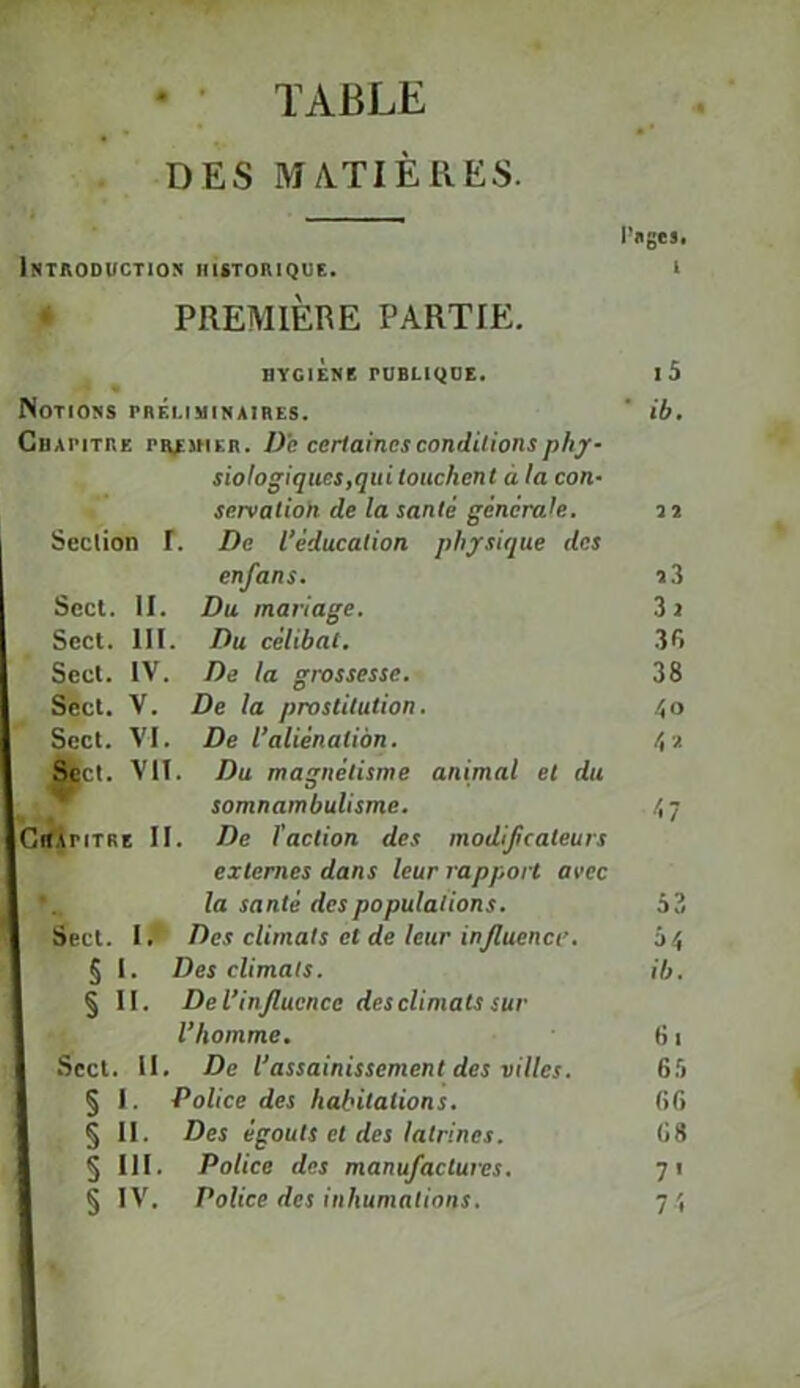 • • TABLE DES MA.TIÈRES. l'ilgts. Introduction hi«toriquc. ‘ « PREMIÈRE PARTIE. BYGiÈnE FUBLIQDE. l5 Notions préliminaires. ' ib. Chapitre premier. De certaines conditionsphjr- siologiques,qiti touchent à la con- servatioh de la santé générale. jî Seclion f. De l'éducation physique des enfans. i3 Sccl. II. Du mariage. 3j Sect. 111. Du célibat. 36 Secl. IV. De la grossesse. 38 Sect. V. De la prostitution. 40 Sect. VI. De l’aliénation. 4a Sccl. Vil. Du magnétisme animal et du _ somnambulisme. 4 7 CifipiTRE II. De l’action des modifeateurs externes dans leur rapport avec la santé des populations. 53 Sect. I.* Des climats et de leur influence. 04 § I. Des climats. ib. § II. De l’influence des climats sur l’homme. 61 Sect. 11. De l’assainissement des villes. 6.0 § I. Police des habitations. 66 § II. Des égouts et des latrines. 68 § 111. Police des manufactures. 71