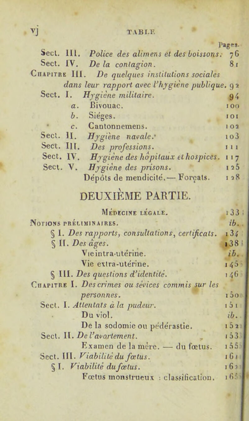 T.VBI.R Seul. 111. Police des alimens et des boissons; 7G Sect. IV. Delà conlasion. 81 CnAPiTHE 111. De quelques institutions sociales dans leur rapport avec l’hjgiène publique, 91 Sect. 1. Hygiène militaire. g4 a. Bivouac. ion b. Sièges. 101 ' c. Caotonnemens. loa Sect. U. Hj-giène navale.' io3 Sect. III. Des professions. 111 Sect. IV. Hj-giène des hôpitaux et hospices. 117 Sect. V. Hygiène des prisons. iî5 Dépôts de mendicité.— Forçats. i DEUXIÈME PARTIE. Mépecine légale. ^i33 i Notions préliminaires. ib.. § 1. Des rapports, consultations, certificats. i34 § II. Des âges. i38 I Vieintra-utérine. ib. Vie evtra-utérine. 148 § lll. Des questions d’identité. 146 Chapitre I. Des crimes ou sévices commis^ur les personnes. 15o ' Sect. 1. Attentats à la pudeur. 1 ô i Du viol. ib. De la sodomie ou pédérastie. ihn Sect. W. De l’avortement. , i63 - E.'tamen de la mère. — du fœtus. i Sect. III. Viabilité du fœtus. iGi §1. Viabilité du fœtus. iGj> Fœtus monstrueux : classifîcaliuu. iG.' ; ^