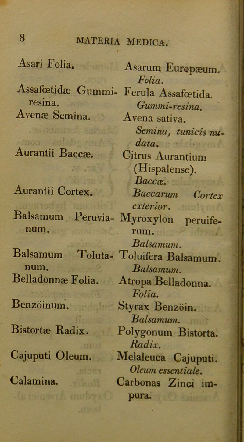 Asari Folia. Assafcetidas Gumini resina. Avenas Semina. Aurantii Baccae. Aurantii Cortex. Balsamum Peruvia- num. Balsamum Toluta- num. Belladonnas Folia. Benzoinum. Bistortse Radix. Cajuputi Oleum. Calamina. Asarum Europaeum. Folia. ■ Ferula Assafoetida. Gummi-resina. Avena sativa. Semina, tunicis nu- data. Citrus Aurantium (Hispalense). Baccae. Baccarum Cortex exterior. Myroxylon peruife- rum. Balsamum. Toluifera Balsamum. Balsamum. Atropa Belladonna. Folia. Styrax Benzoin. Balsamum. Polygonum Bistorta. Radix. Melaleuca Cajuputi. Oleu?n essentiale. Carbonas Zinci im- pura.