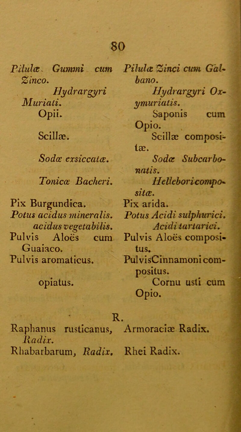 Pilula Gumini cum Zinco. Jlydrargyri Muriati. Opii. Scillae. Soda exsiccata. Tonica Bacheri. Pix Burgundica. Potus acidus mineralis. acidus vegetabilis. Pulvis Aloes cura Guaiaeo. Pulvis aromaticus, opiatus. • . R. Raphanus rusticanus, liadix. Rhabarbarum, Radix. Pilula Zinci cum Ghl~ bano. Uydrargyri Ox- ymuriatis. Saponis cum Opio. Scillae composi- tae. Soda Subcarbo- natis. Hellebori compo* sita. Pix arida. Potus Acidi sulphurici. Acidi tartarici. Pulvis Aloes composi- tus. PulvisCinnamoni com- positus. Cornu usti cum Opio. Armoraciae Radix. Rhei Radix.