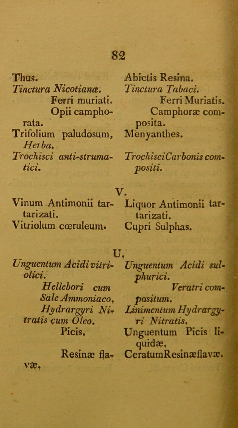 Thus. Tinctura Nicotiance. Ferri muriati. Opii campho- rata. Trifolium paludosum, Heiba. Trochisci anti-slruma- tici. Vinum Antimonii tar- tarizati. Vitriolum coeruleum. U, Unguentum Acidi vitri- olici. Hellebori cum Sale Ammoniaco, Hydrargyri Ni-* tratis cum Oleo. Picis. Resinae fla-, vae. Abietis Resina. Tinctura Tabaci. Ferri Muriatis. Camphorae com- posita. Menyanthes. TrochisciCarbonis com- positi. V. Liquor Antimonii tar- tarizati. Cupri Sulphas. Unguentum Acidi sul- phurici. Veratri com- positum. Linimentum Hydrargy- ri Nitratis. Unguentum Picis li- quidae, CeratumResinaeflavae.