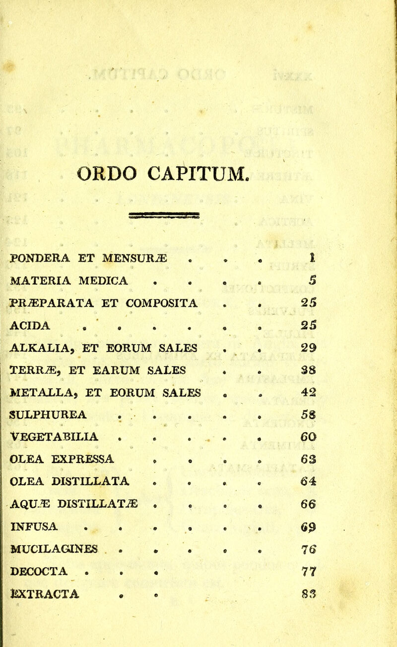 ORDO CAPITUM. PONDERA ET MENSURA t MATERIA MEDICA 5 PRJEPARATA ET COMPOSITA 25 ACIDA . . 25 ALKALIA, ET EORUM SALES 29 TERRJE, ET EARUM SALES 38 METALLA, ET EORUM SALES 42 SULPHUREA . . 58 VEGETABILIA . 60 OLEA EXPRESSA 63 OLEA DISTILLATA 64 AQU-® DISTILLAT.® . 66 INFUSA .... MUCILAGINES . . . 76 DECOCTA . . 77 KXTRACTA 83