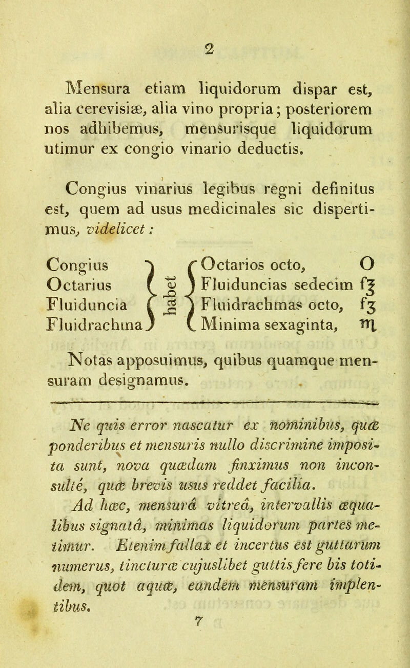 Mensura etiam liquidorum dispar est, alia cerevisiae, alia vino propria; posteriorem nos adhibemus, mensurisque liquidorum utimur ex congio vinario deductis. Congius vinarius legibus regni definitus est, quem ad usus medicinales sic disperti- mus, videlicet: Congius rOctarios octo, O Octarius C 5 J Fluiduncias sedecim Fluiduncia T ^ j Fluidrachmas octo, f3 FluidrachmaJ (. Minima sexaginta, 'MI Notas apposuimus, quibus quamque men- suram designamus. JVc quis error nascatur ex nofninihus, qu(Z ponderibus et mensuris nullo discrimine imposi^ ta sunt, nova qucedam finximus non incon- sidte, qum brevis usus reddet facilia. Ad hcec, mensura vitrea, intervallis cequa- lihus signata, minimas liquidorum partes me^ iimur. Etenim fallat et incertus est guttarum numerus, tine turee cujusUbet guttis fere bis toti- dem, quot a qum, eandem mensuram implen- tibus. 7