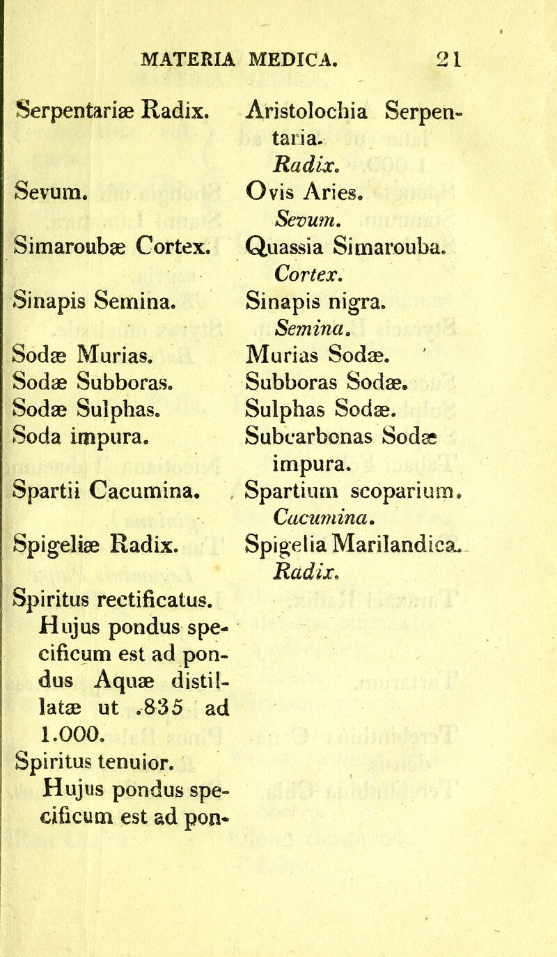 Serpentarise Radix. Sevum. Simaroub^e Cortex. Sinapis Semina. Sodffi Murias. Sodae Subboras. Sodse Sulphas. Soda impura. Spartii Cacumina. Spigeliee Radix. Spiritus rectificatus. Hujus pondus spe- cificum est ad pon- dus Aquse distil- IdtsB ut .835 ad 1.000. Spiritus tenuior. Hujus pondus spe- cificum est ad pon- Aristolocbia Serpen- taria. Radix. Ovis Aries. Sevum. Quassia Simarouba. Cortex. Sinapis nigra. Semina. Murias Sodas. Subboras Sodae. Sulphas Sodae. Subcarbonas Sodae impura. , Spartium scoparium. Cacumina. Spigelia Marilandica^ Radix.