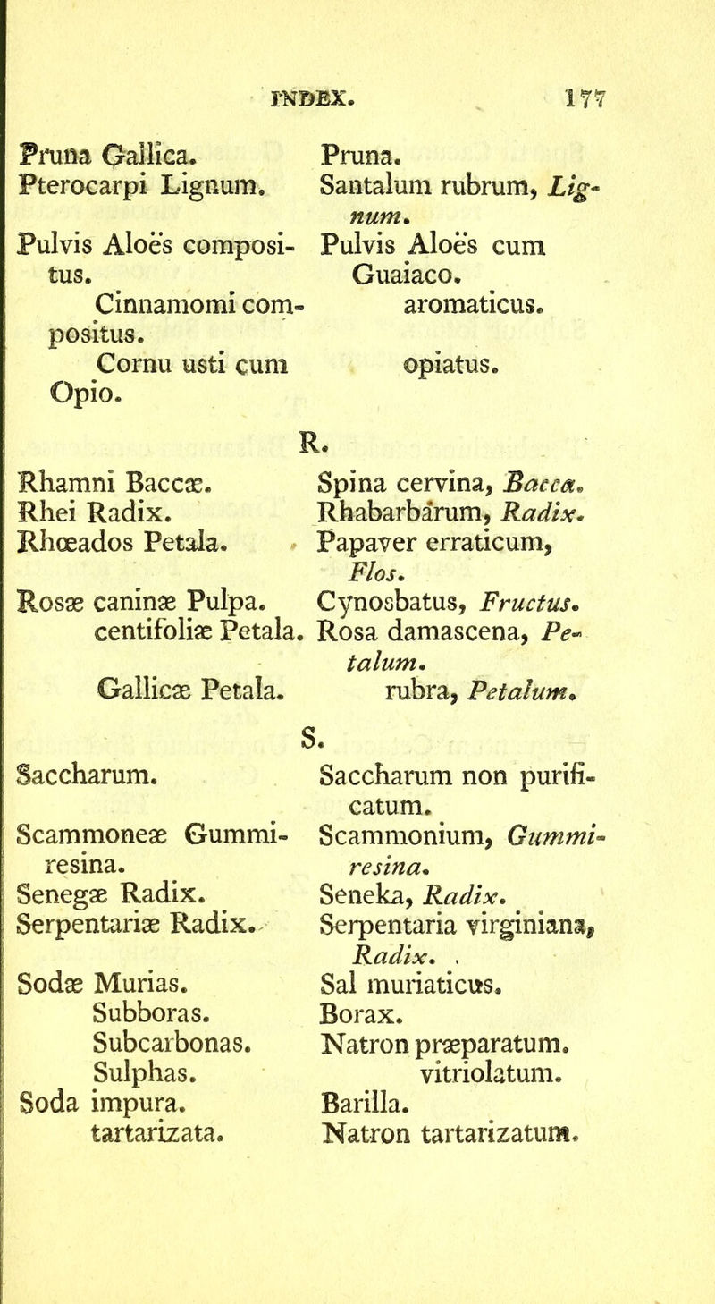 Pnma Gallica, Pterocarpi Lignum. Pulvis Aloes composi- tus. Cinnamomi com- positus. Cornu usti cum Opio. Rhamni Baccae. Rhei Radix. Rhoeados Petala. Rosae caninae Pulpa, centifoliae Petala. Gallicae Petala. Baccharum. Scammoneae Gummi- resina. Senegae Radix. Serpentariae Radix. Sodae Murias. Subboras. Subcarbonas. Sulphas. Soda impura, tartarizata. Pruna. Santalum rubrum, Lig- num^ Pulvis Aloes cum Guaiaco. aromaticus. opiatus. R. Spina cervina, Baccm. Rhabarbarum, Radix* Papaver erraticum, Flos. Cynosbatus, Fructus. Rosa damascena, talum. rubra, Petalum. S. Saccharum non purifi- catum. Scammonium, Gummi- resina. Seneka, Radix. Serpentaria virginiana. Radix. , Sal muriaticus. Borax. Natron praeparatum, vitriolatum. Bariila. Natron tartarizatum.