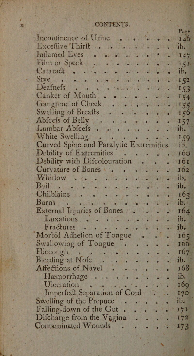 CONTENTS. Ficontinence of Urine’ i. co/eyitacnoa Exceflive Thirft : Spats Paflanjed yes. ) raucteaitd tes tein Film or Speck... 09 eA G Cataracts ic) bran tan tba ee aa Btw ir tees Ee ie Deafnefs Gangrene of Cheek... she ties Swelling of Breafts . 0. 2.4 Lumbar Abfcefs . White Swelling Curved Spine and Paralytic Extneieee Debility of Extremities j Debility with Difcolouration Curvature of Bones». . we Bee ea ECA tas lari? 0 4) as oe ds RR 2 Marations ten ere PLease Fra&amp;tures . . ‘ Swallowing of Tongue Hiccough ig ON Bleeding ‘at Nofe Bierorrhage’ 6) ca) i's We an ae eae Ulceration . Imperfect, Separation of Conte Ree Swelling of the Prepuce’) so ae Falling-down of the Gut... . 2°. Difcharge from the Vagina... Contaminated Wounds . . . . %