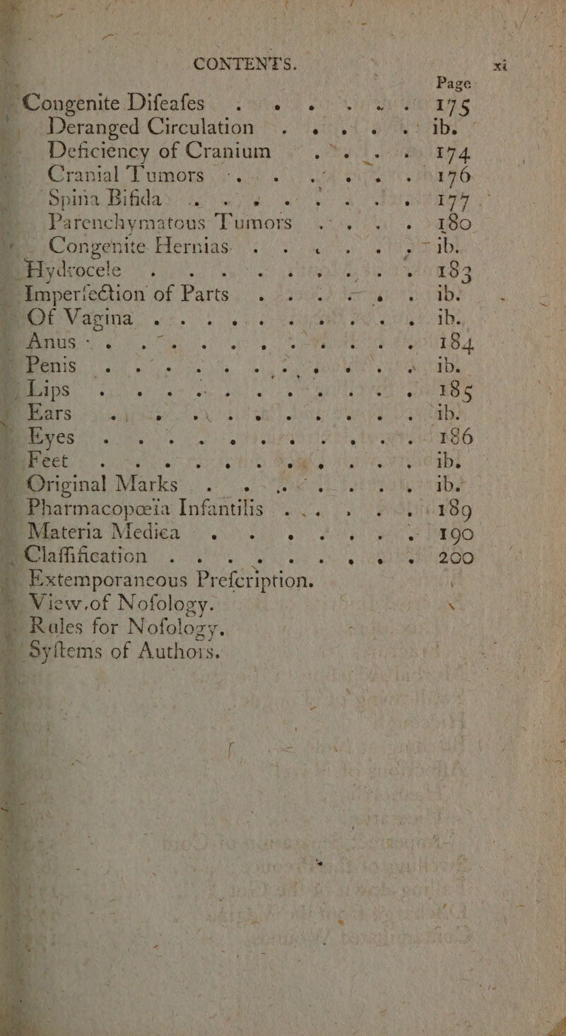 ° bt “i wn Beraeenieliteales ares fr. me uWeranged Circulation S60. ae ibe Deficiency of Cranium’ 6 be.) esas Sraniel DP umors yi eke 6) a St hs POG. BOTS AGO AS. 62) ek A ks Se eee &amp; Parenchymatous Tumors .:. .) .» 180. Mee sConvenite Eernias) 2) Sn Ber ceccte Ci k el iin es Cui We one Banperiection of Parts. °. 257) teow a ibe MMO NCARAN A 1 wir ey ge ot CaM OEEN Pw gata dy UT ae ale fs eR RROD BEET OU ke eo ha lois Baer MI AA ib... / Lips eae ees Be aa A Ages 185 SAME Ue erie ot hie OFS “ ib. Meeeicinal Marks). 0) als Selena: m Pharmacopeeia Infantilis 2... Oc MeMMateria Medien. i Melafification . 0°. 2 ke » Extemporancous Prefcription. » View.of Nofology. Baer as ache we - Rales for Nofology. yak: W ) Syftems of Authors. ) HAS BM koe igh s ee me Oo oc O SO om if '* : as “f rz 7 rs 4 F : oa ve: e f \ ia ' ~ ) Apicyi : : % uf ‘ cae « Myst . yx a. Kc t, q y 2 ra ) esi . P : ae Va : it o) fe i -~ * i wy 4 ; aN « e ‘