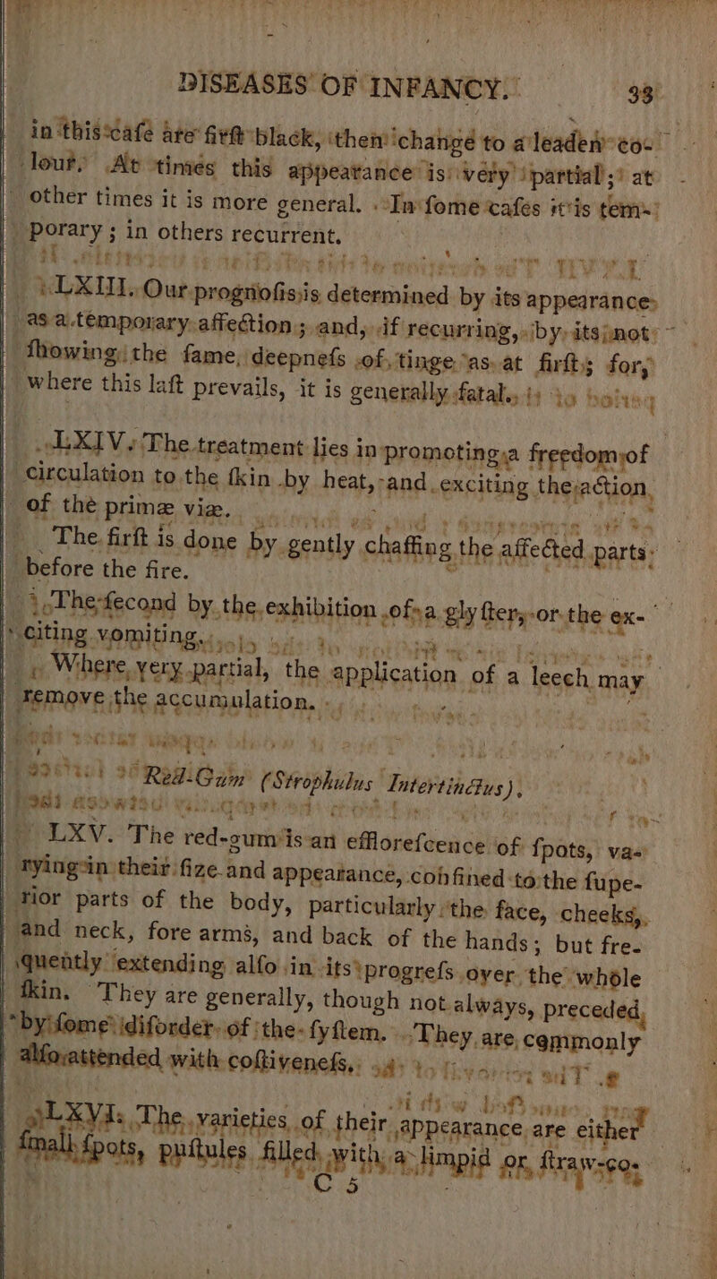 Tout, At times this apy yeattance’ is!ivery \partial’;! at 9 * e . ‘ mn > 4 ws e © f, Sok oy other times it is more general. «Im fome cafes itis tems porary ; in others recurrent, O bin ‘ % . a4} che ‘2 i ts Rp AB ae nes * xn iy Pubs 3 SR» LE SIA: el ae wee eae) yeeeay Fy : ) eLXI.0 ur prognofis)is determined by its appearan ce Mhowing: the fame, deepnefs of, tinge “as. at firfts fory | where this laft prevails, it is generally fatality to hale a | nae , _ of thé prime viz. maett htee. | before the fire. | » Citing vomiti Msdsoly sels) hh | Pemoveithe accumulation, He eeH) 2 Regios, (Strophulus ntertindus), pte) AOS WISU! MLE Od OB jes oC. ad eee he ie LXV. The red-gum‘is an efflorefcence of {pots, va-' _‘tying*in theit fize.and appearance, coh fined to:the fupe- | Mor parts of the body, particularly ‘the. face, cheeks, | and neck, fore arm’, and back of the hands; but fre. quently extendi ng alfo in its\progrefs oyer ‘the’ whole Hin. They are generally, though not.always, Preceded, “byifome’ idiforder. of 'the- fyftem. ‘They, are, cemmonly | alfovattended with coftivenefs,. of) to Thy ahied sdiT og et ; i tty w bof ‘hi PUA | AURYA: The varieties of their appearance. are either Cc > SS