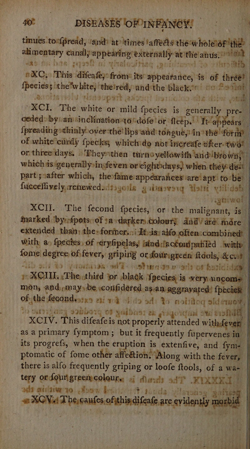 tinues toxfpread, ‘and? at “times !affedts thew holelorthe? | alimentary canal; appearing’ externally at the anus!) 2) apt has saat ni walownheg gouctered to 7S ERE XC, Dhis difeafey: frony its: appearance, is of thréé? {peciess ‘thewhite; theired, andthe black ¢o Petal Aconsrsty agape asd! lyiioloe ae Main tril “XCI. The white or mild fpecies is generally pre- - “4 ae m ee 2 pa a ae ee ee | ceded» byvar «inclination 16% dofe' or ‘fl eéps Yk Bolrs {preadin gothinly over the! lips ‘and! téhgué,) in? thé form of white cindy {pecks; whichido nor increafe titer. tW8! or three days, .'Fheynthen turnoyellowith andl browns which as igenerally ingfeven or cightdays) when. they dest _ part ;oafter which, thefame: appéaratices' are! apt tobe’ | lucceflively, renewedsijizoils giiiasvsrg Yolt yi'lideh | . veghiwol XCII. The fecond {pecies, or: the malignant, is _ fnarked (byenfpots: of :a darker coloury and’ ard mére exterided than, the: forrner.::! Dtas; abfo. oftenscombined! with, a» {pecies, of reryfipelas, iind:dactouipatiied with» fome degree: of:fever, griping or dourigreen ftdols, &oat | “io #9 2 yaortaian T* co an wart) of basic ida » RCI :The third tor dlack {pecies is very: income mon; and may) be confidered as.am aggrayated! {p beh | ofthe fecdndessx» ef 4% iio od) Yo naliilog old e107, | tn a Sais g d98bo7G of yin; bk gyorg in SM esha XCIV. This difeafe is not properly attended with en .as a primary fymptom; but it frequently fupervenes in its progrefs, when the a Sipe is extenfive, and fym- | ptomatic of fome other a e@tion. ‘Along with the fever, there is alfo frequently griping or loofe ftools, of a wa- | tery ondguigrecrycolaure of dusts od’ KIXERD! | ads ative oon bis 4 ds CTevatisy” gabe | Pay Pi ck ; w BCVia The, caufes,ofjthisdifeafe are evidently an °
