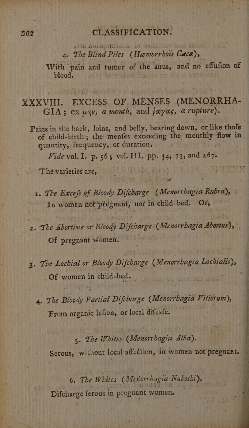 Ae The Blind Piles ‘(Hanorrbais Cara), With pain and tumor of the anus, ae: no effufion of blood. hp tet ; . XXXVII. EXCESS: OF, MENSES (MENORRIA- GIA ; ex pyy, a month, and fayas, «@ Seb shat Pains in the back, loins, and belly, beating down, or like thofe of child-birth ; the menfes exceeding the Mp 1 flow in quantity, frequency, or duration. Vide vol.I. p. 563 vol. IIT, pp- 34) 73) and ley The varieties are, a / 1. The Excess of Bloody Difebar ge h Menorvbiia Rubra), - In women not pregnant,” nor in child-bed. Or, het ‘The Abortive or Blood) stan (Menorrbagia Peon Of prepay &gt; women. ~ 3. Ibe Lochial or Bloody Dicbase (Menorrbagia Lochiahs), ; t d Of women in child-bed. / ‘- The Bloody Partial Difcharge (ubibh basta igre: From organic lefion, or local difeafe. s. Ti be Whites (Menorrbagia Alba). Serous, without local affection, in women not pregnant. 6. The Whites (Moierrbagia Naboths). Goma ferous in Prana women.