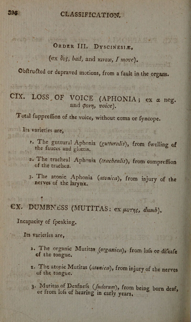 ~OrpeER III, DYSCINESIZ, (ex dug, bad, and xuvew, J move). Obftruted or depraved motions, from a fault in the orgauis. CIX. LOSS OF VOICE (APHONIA ; ex @ neg. and Qovy, voice). ‘Fotal fuppreffion of the voice, without coma or fyncope. Xts varieties are, r. The guttural Aphonia (sutturalis), from fwelling of the fauces and glottis, 2 The tracheal Aphonia (trachealis), from compreffion of the trachea. 3- The atonic Aphonia (atonica), fron injury of the nerves of the larynx. 2 €X. DUMBNESS (MUTITAS: ex purys, dumb). Incapacity of Geakiny. Its varieties are, | 1. The organic Mutitas (organica), from lofs or-difeafe of the tongue. A pect | ae z. The atonic Mutitas (atenica), from injury of the nerves of the tongue. . : | be 4 - 3. Murtitas of Deafnefs ( Judorum), from being born deaf, _ or from lofs of hearing in early years. oy !